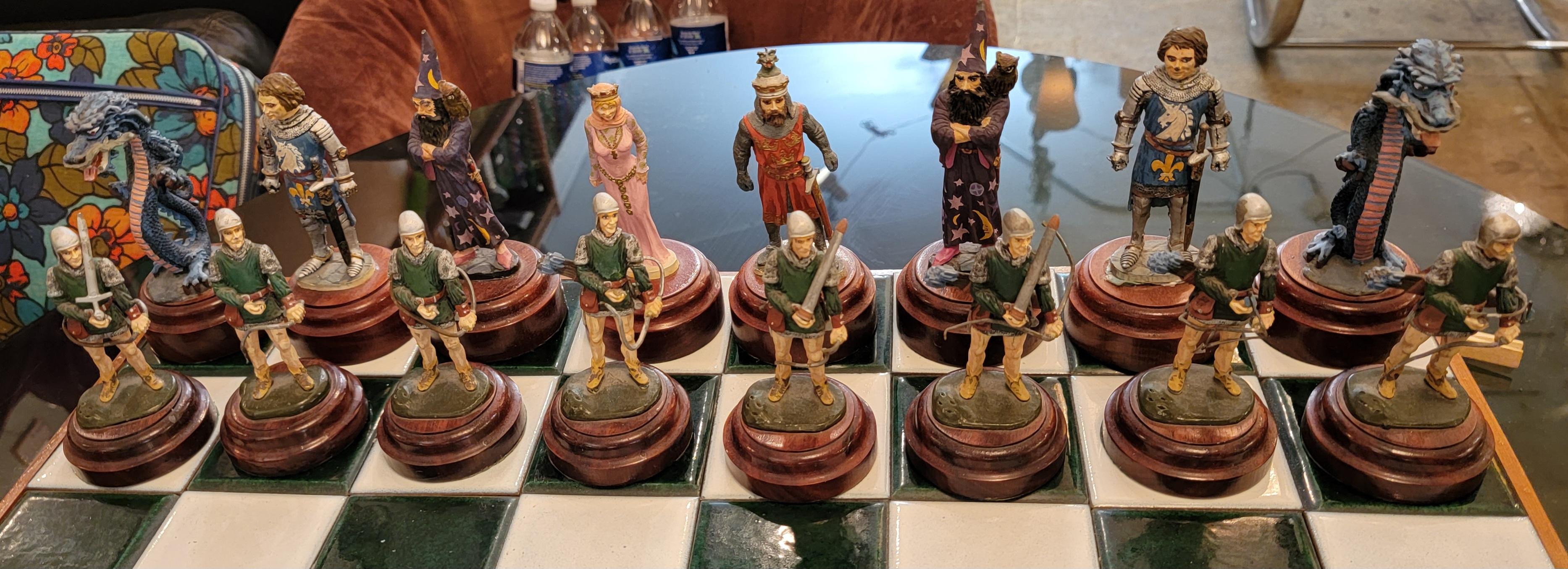Mid Century Tiled and Wood Chess Board With Metal Hand Painted Chess Figurines In Good Condition In Pasadena, CA