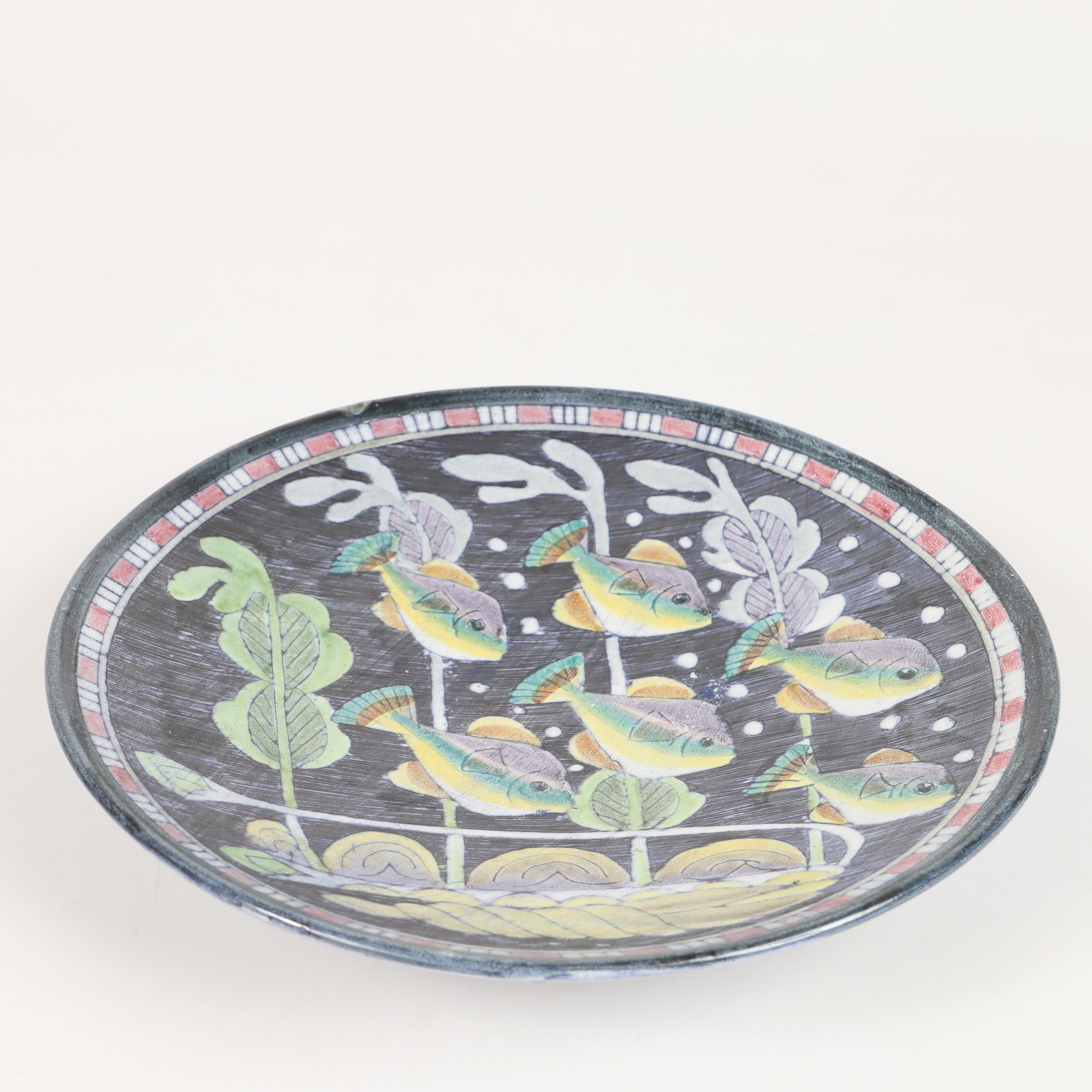 Swedish Tilgmans  serving plate hand painted Ceramic Sweden 1960 Signed For Sale