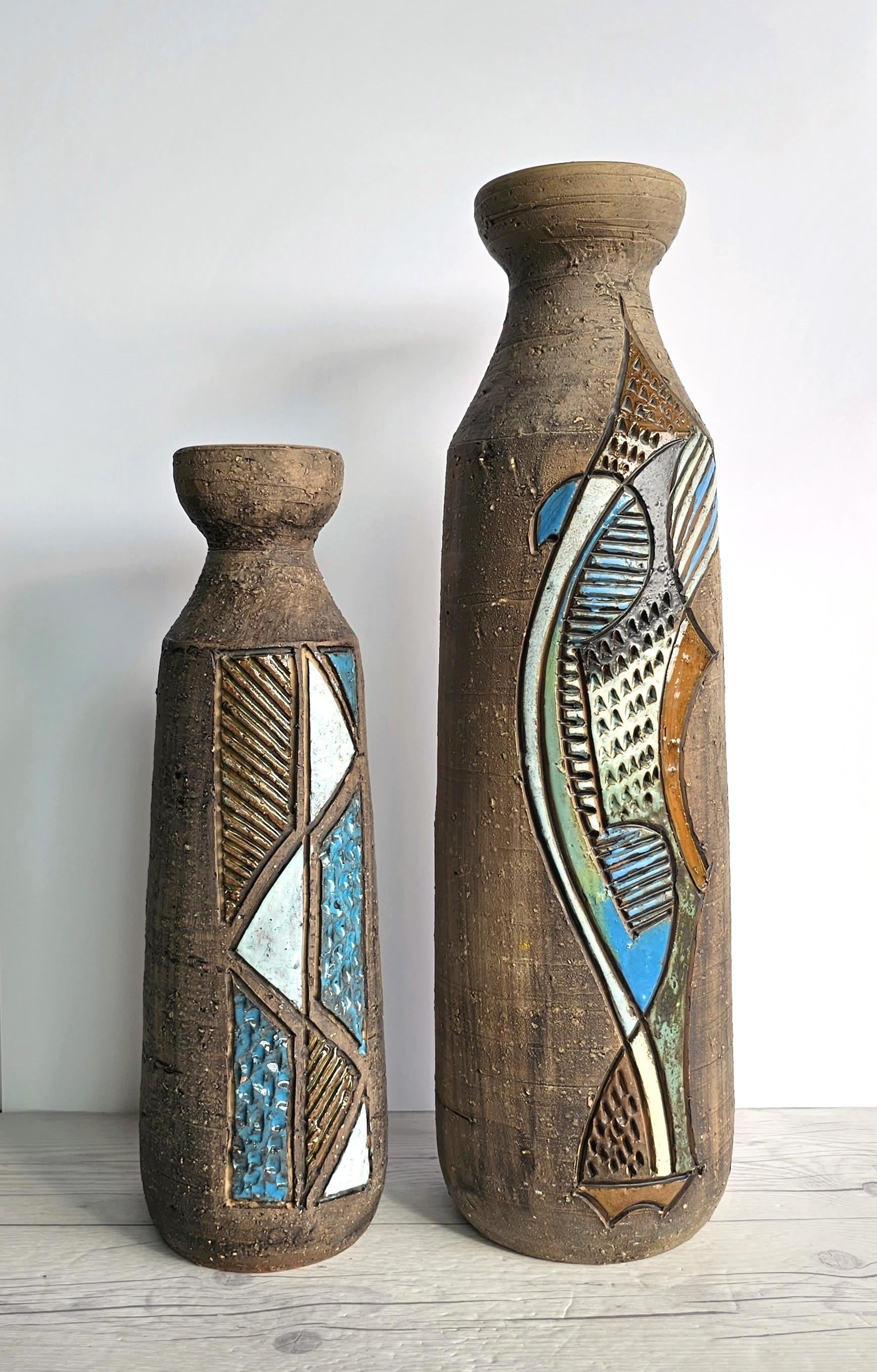 Glazed Tilgmans Keramik, Swedish Midcentury Modernist Sgraffito Sculptural Bottle Vase For Sale