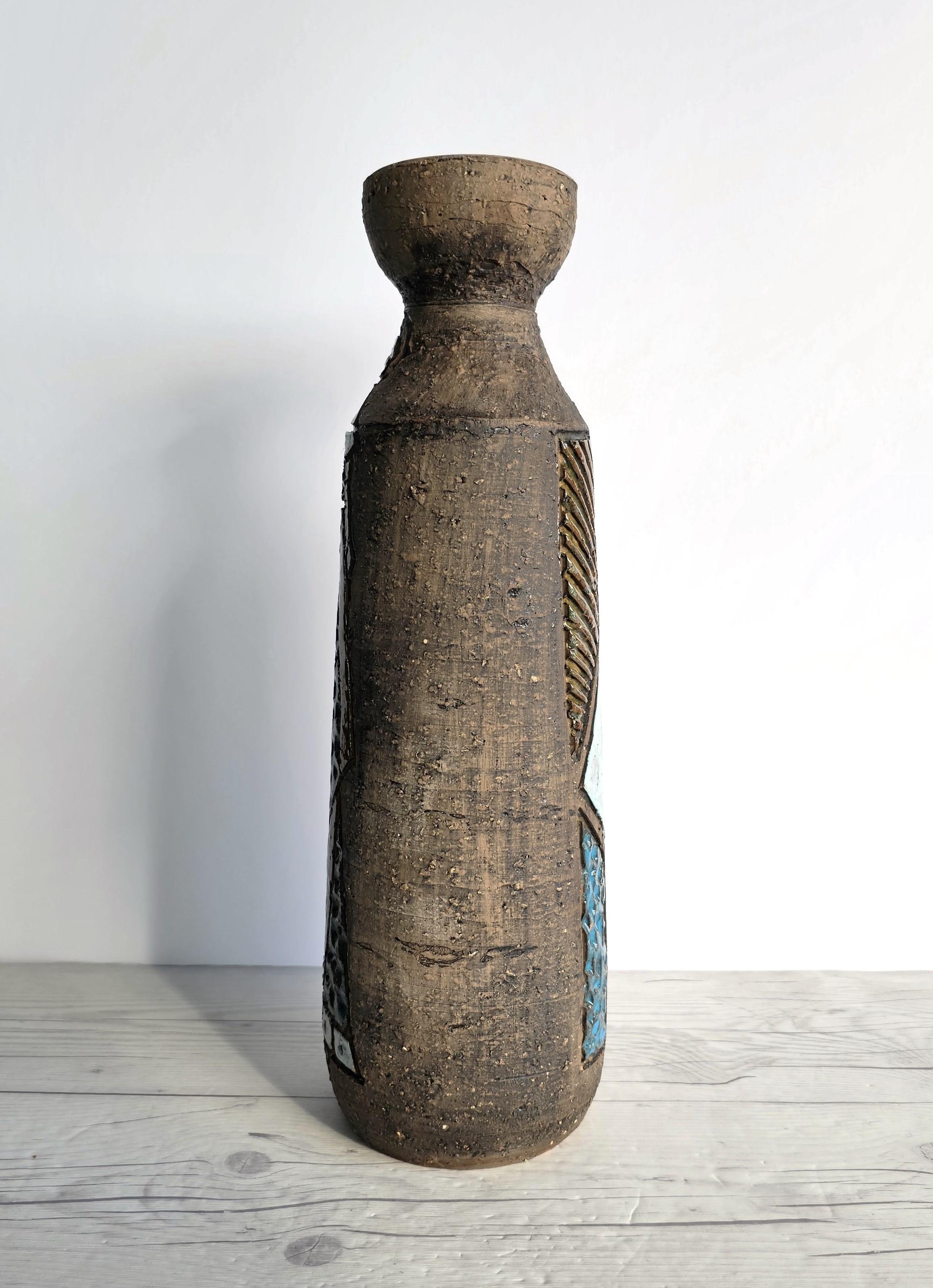 Earthenware Tilgmans Keramik, Swedish Midcentury Modernist Sgraffito Sculptural Bottle Vase For Sale