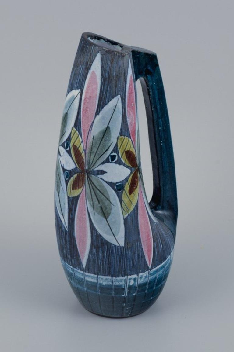 Danish Tilgmans, Sweden, Handmade Retro Ceramic Jug with Floral Motifs., 1970s For Sale