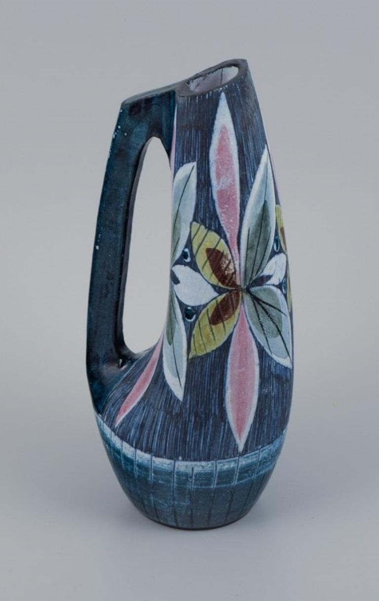 Glazed Tilgmans, Sweden, Handmade Retro Ceramic Jug with Floral Motifs., 1970s For Sale