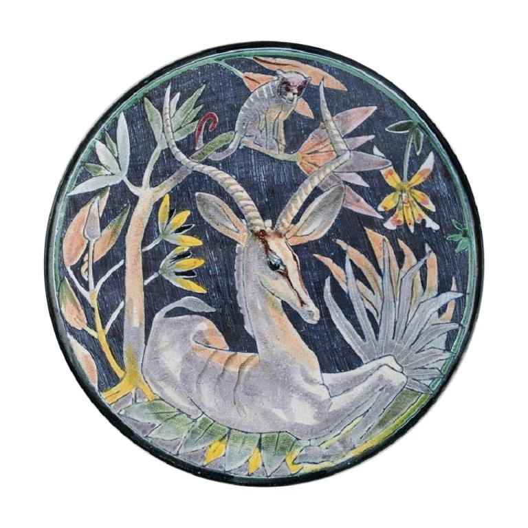 Tilgmans, Sweden, Large Unique Circular Bowl or Dish with Antelope and Monkey For Sale