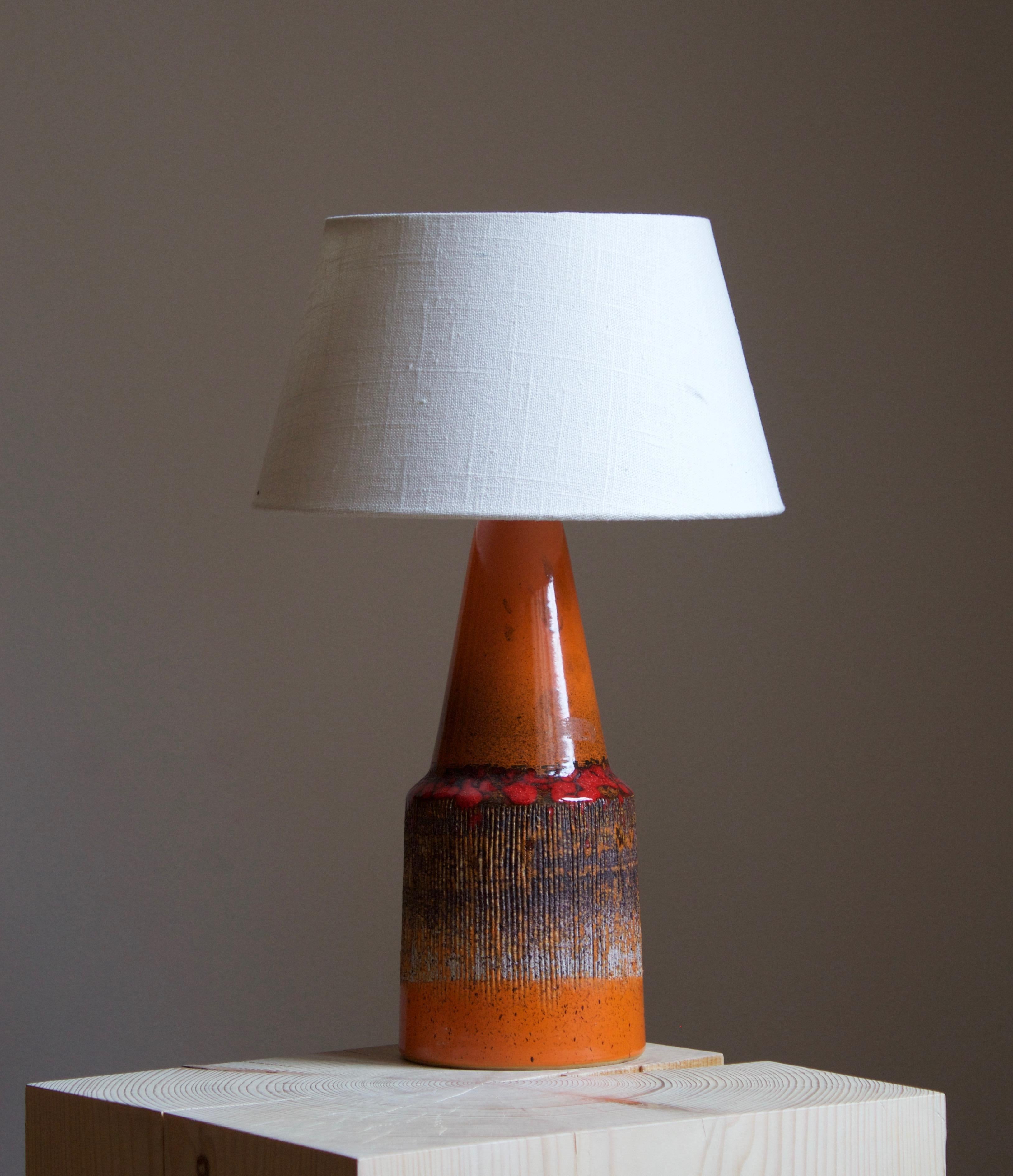 A glazed stoneware table lamp. By Tilgmans Keramik, 1950s. Features a complex glaze combined with incised decor in a style iconic to the producer.

Stated dimensions exclude lampshade. Height includes socket. Sold without lampshade.

Other