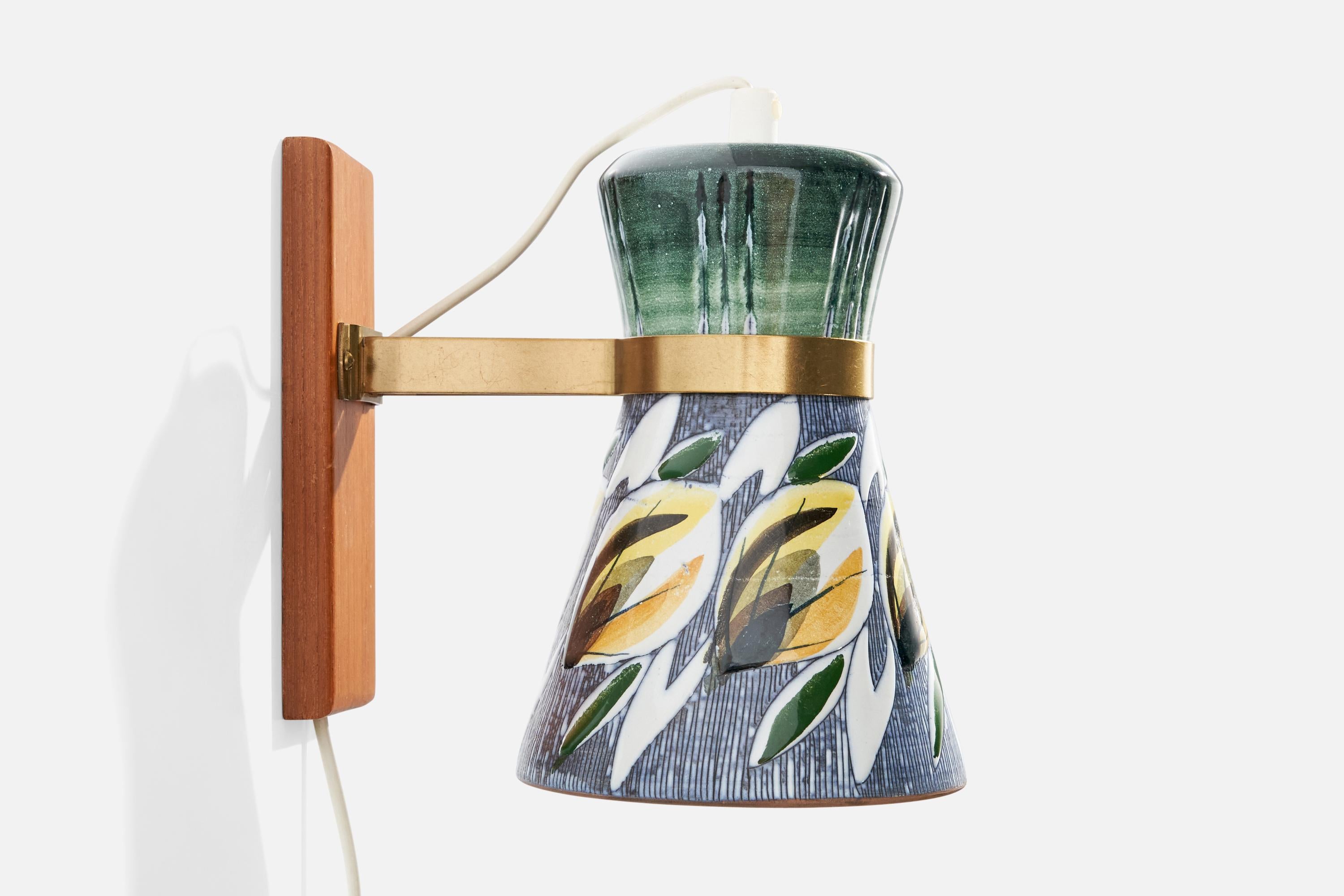 Scandinavian Modern Tilgmans, Wall Light, Brass, Teak, Ceramic, Sweden, 1950s For Sale
