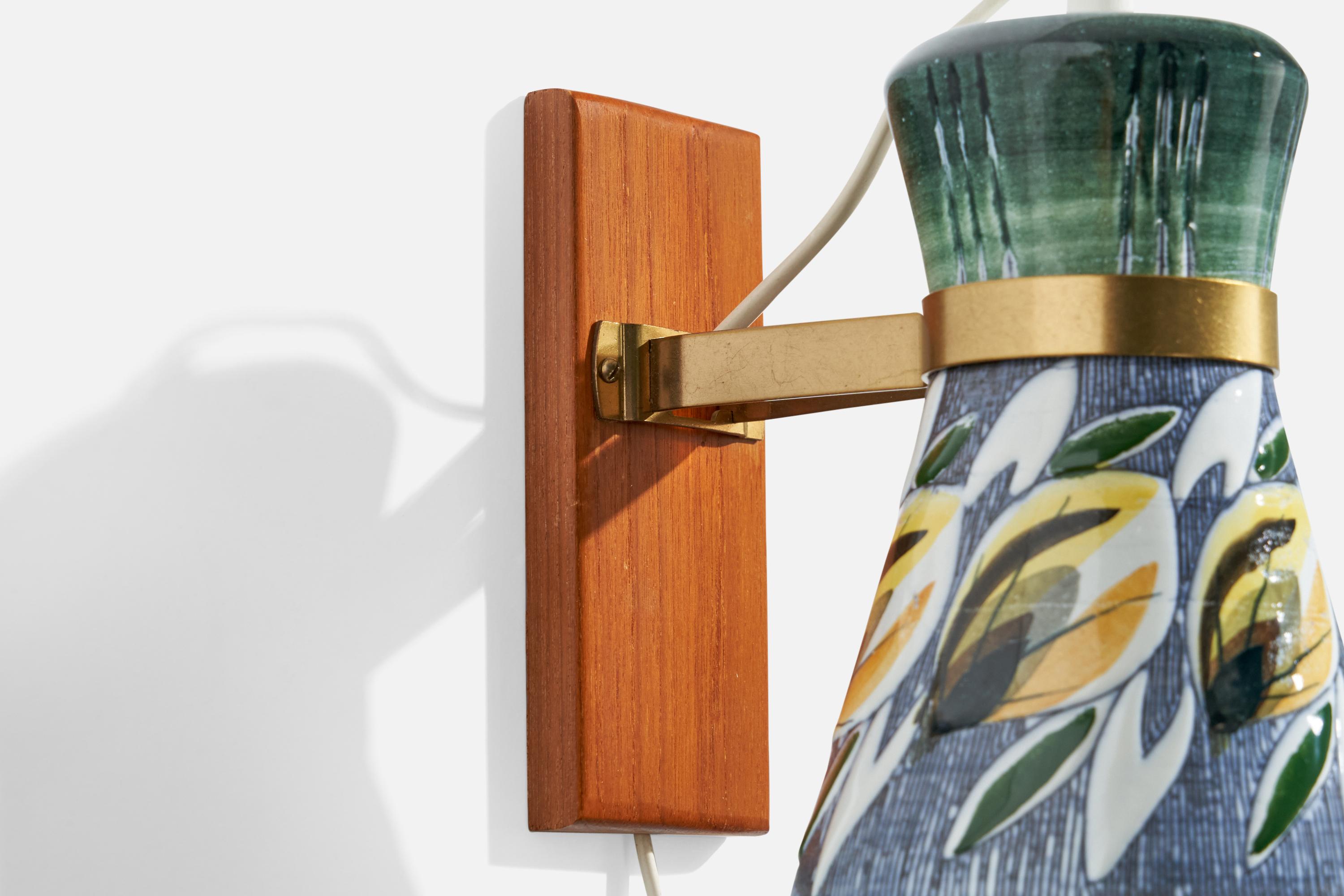 Tilgmans, Wall Light, Brass, Teak, Ceramic, Sweden, 1950s In Good Condition For Sale In High Point, NC