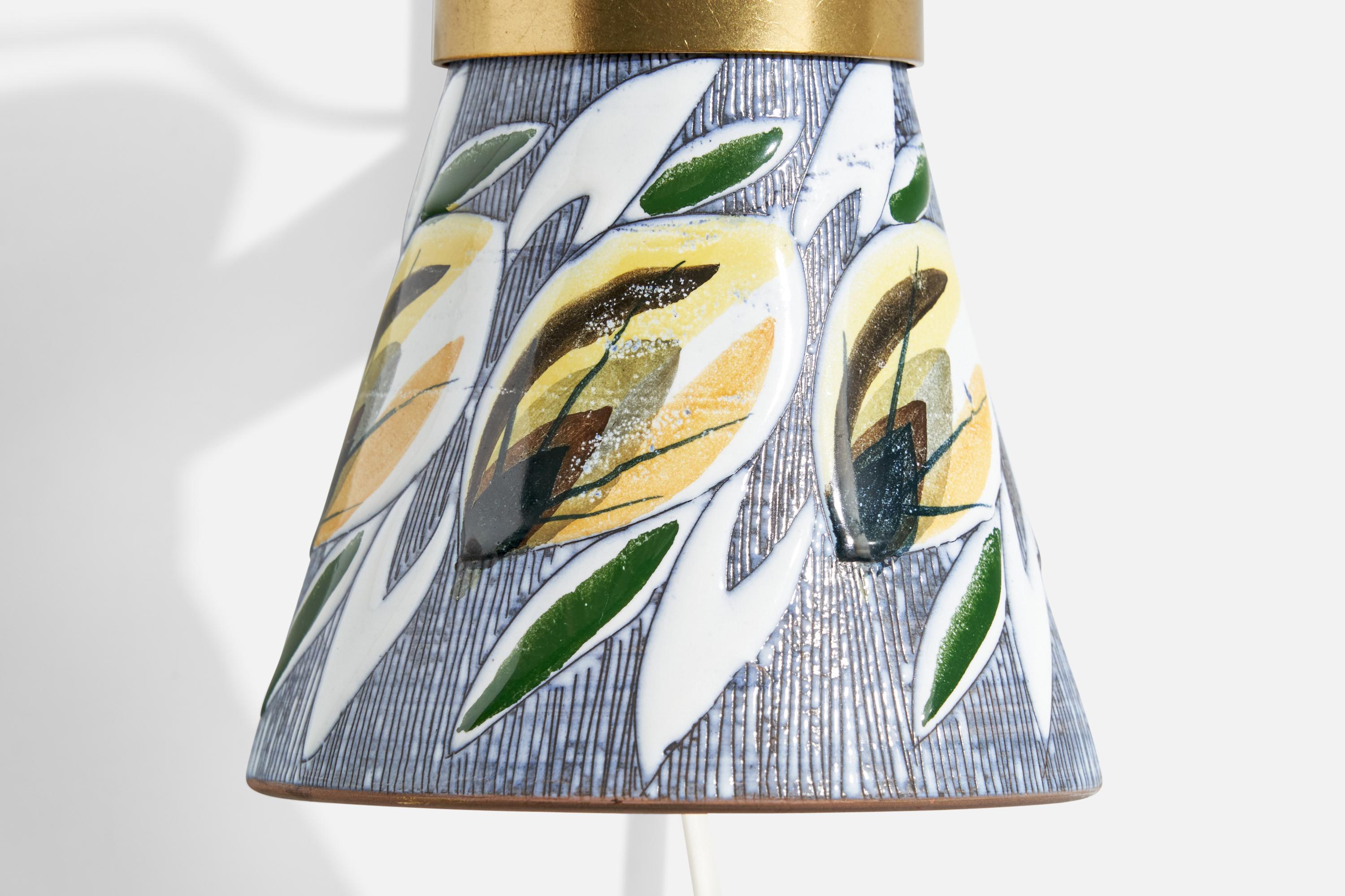 Tilgmans, Wall Light, Brass, Teak, Ceramic, Sweden, 1950s For Sale 1