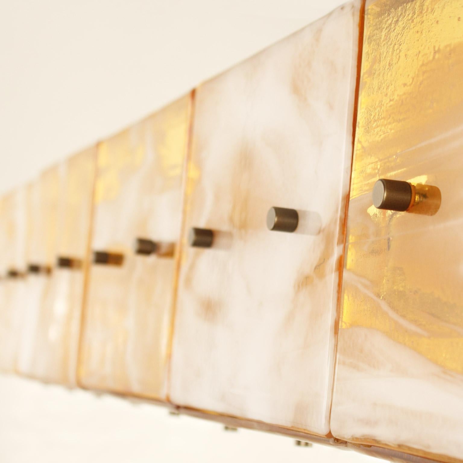 Hanging Lamp amber Murano glass Plates, Brushed Nickel frame by Multiforme In New Condition For Sale In Trebaseleghe, IT