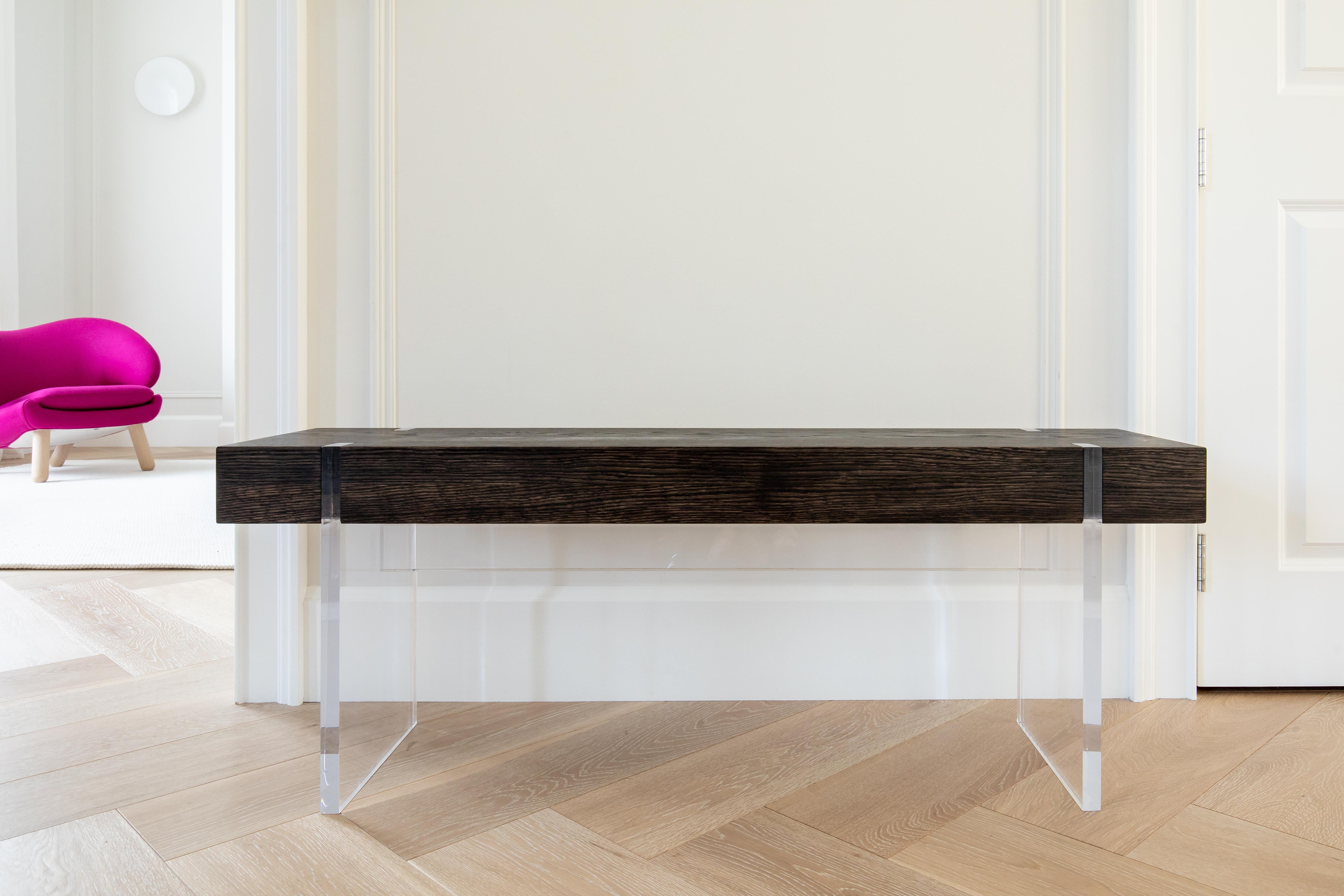 Hand-Crafted Tillikum Acrylic & Torched Oak Bench by Autonomous Furniture For Sale