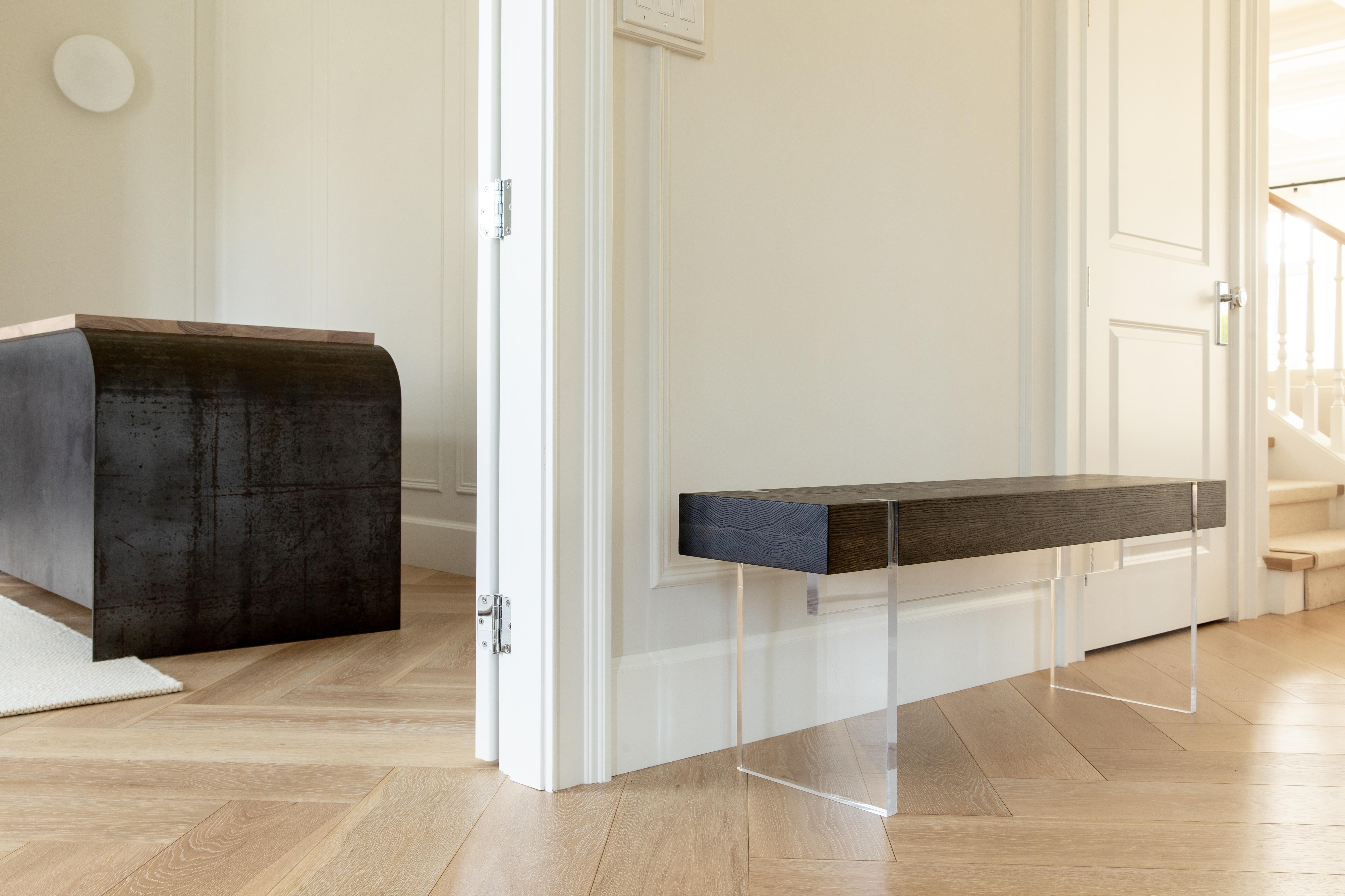Contemporary Tillikum Acrylic & Torched Oak Bench by Autonomous Furniture For Sale