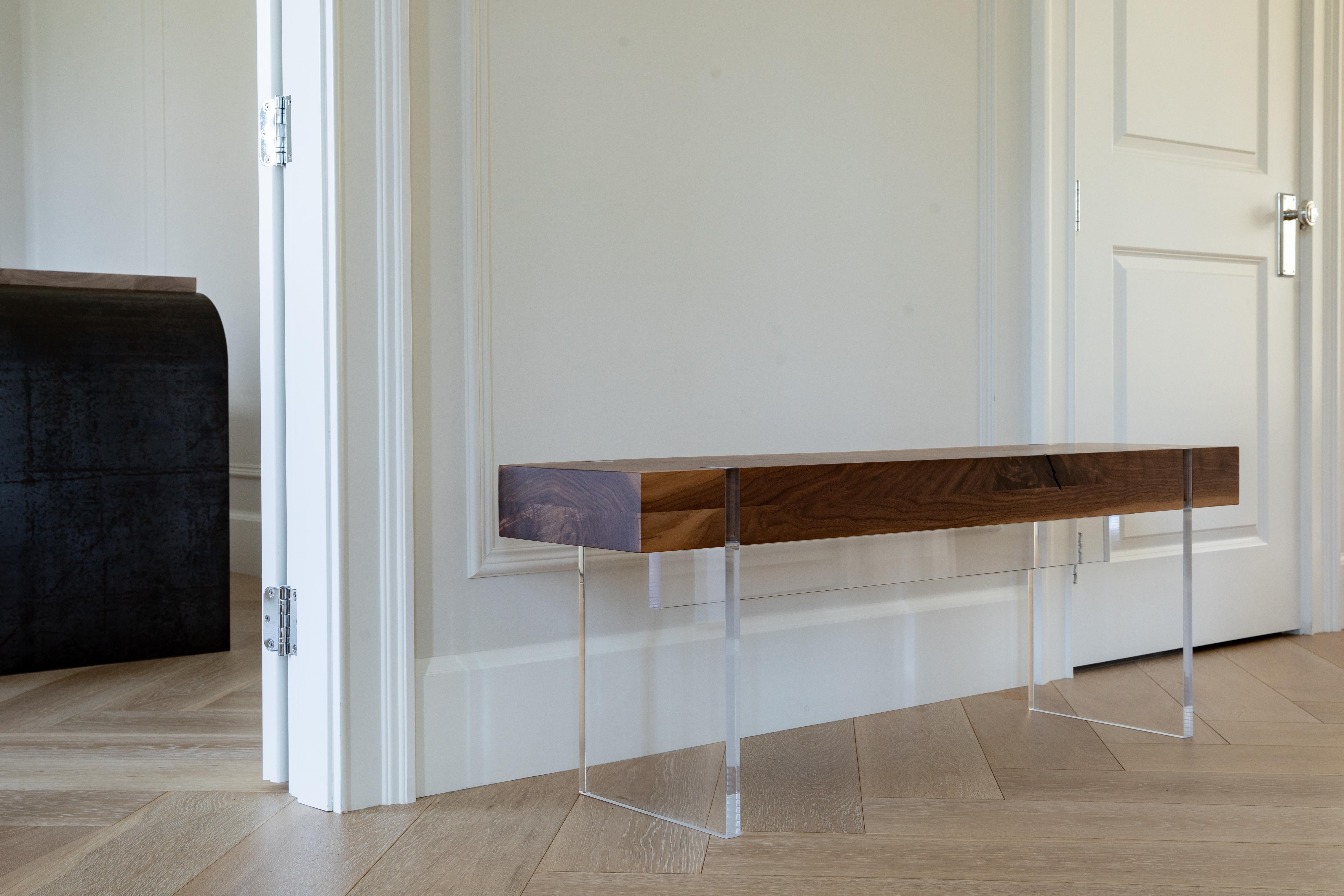 Modern Tillikum Walnut Bench With Clear Acrylic Legs by Autonomous Furniture For Sale