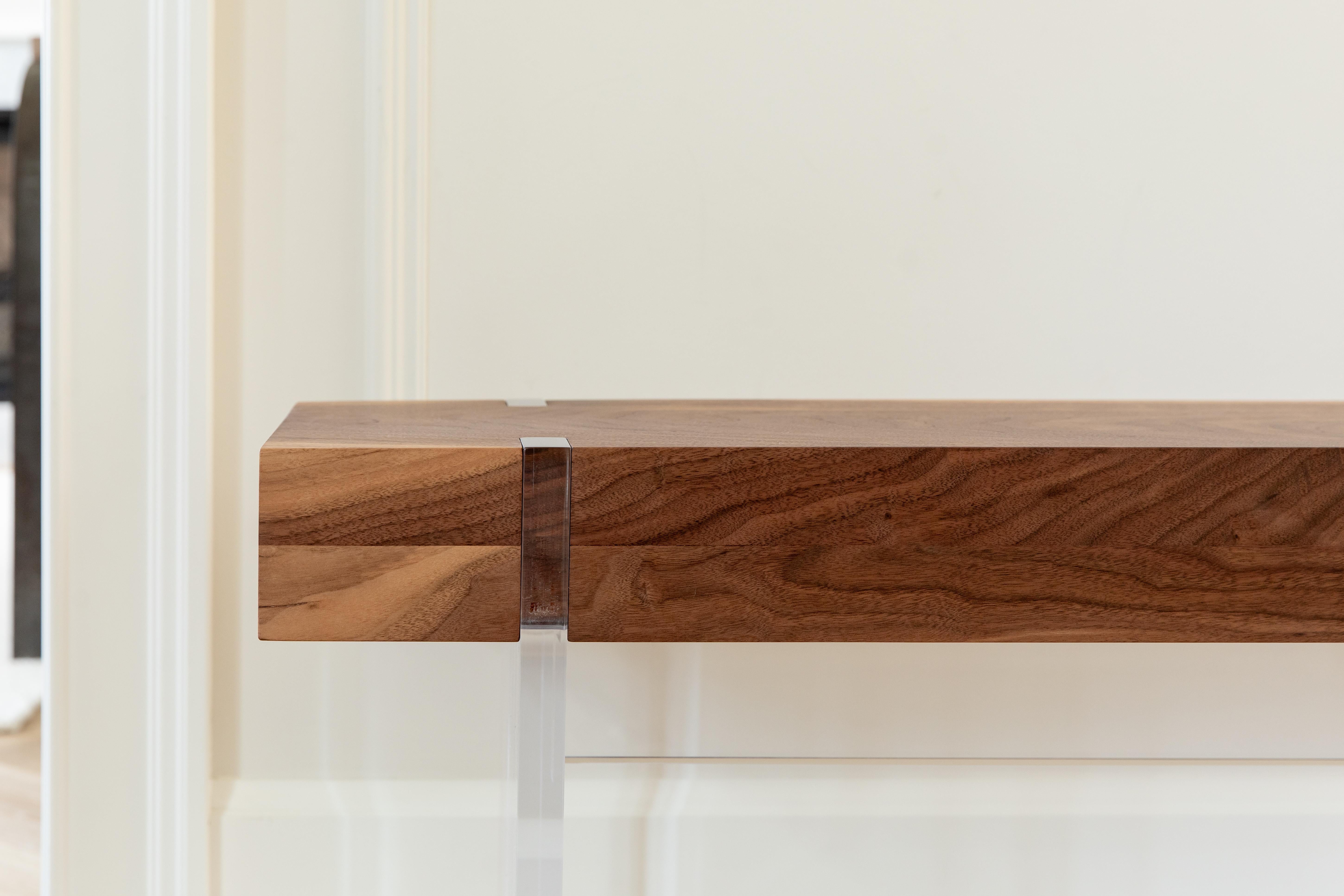 Contemporary Tillikum Walnut Bench With Clear Acrylic Legs by Autonomous Furniture For Sale