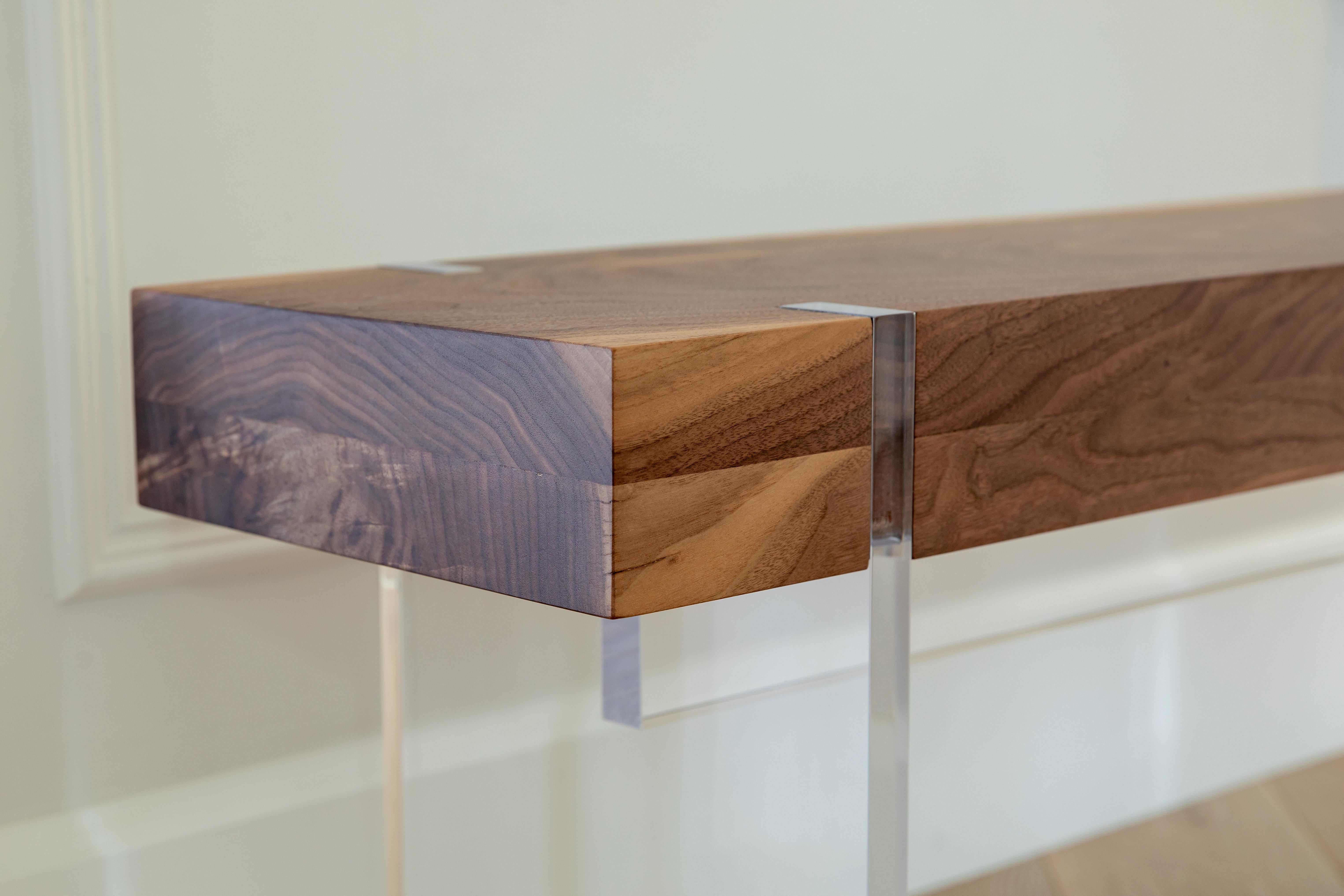 Tillikum Walnut Bench With Clear Acrylic Legs by Autonomous Furniture For Sale 1