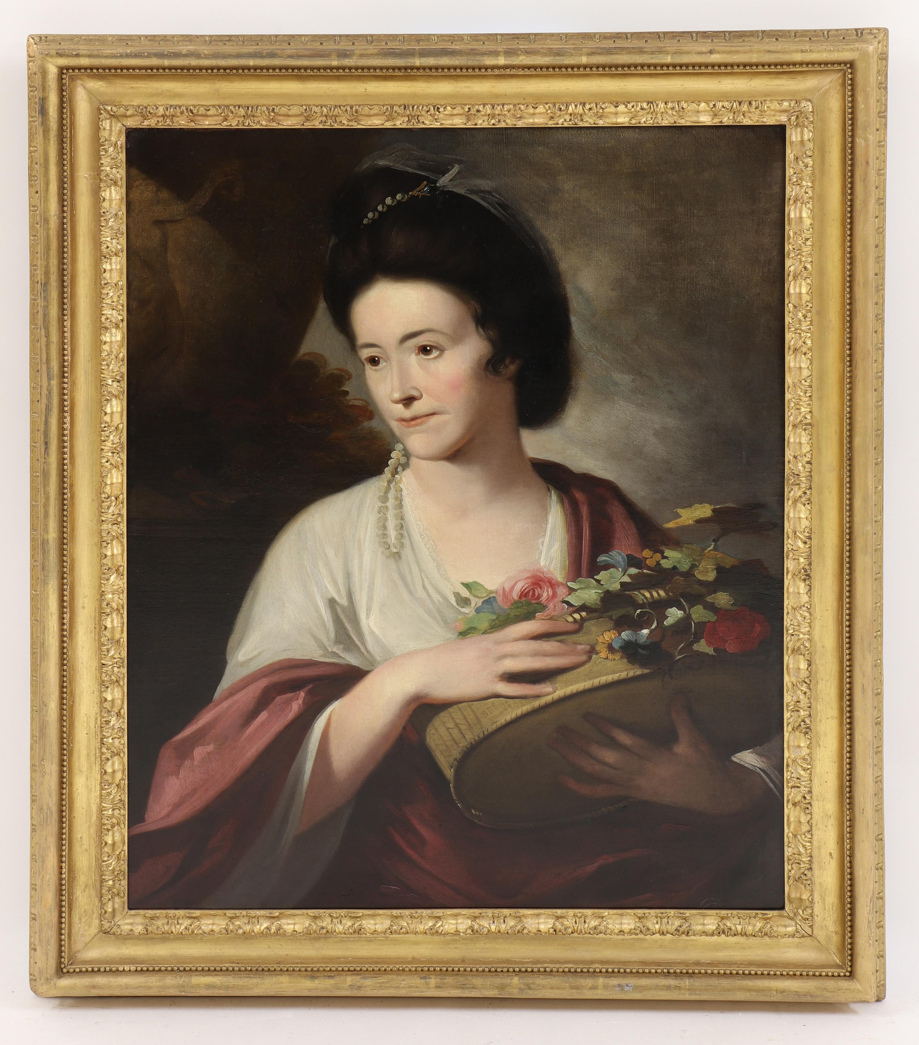 Tilly Kettle Portrait Painting - 18th century English portrait of a lady beside an urn, with a basket of flowers