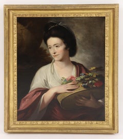 Antique 18th century English portrait of a lady beside an urn, with a basket of flowers