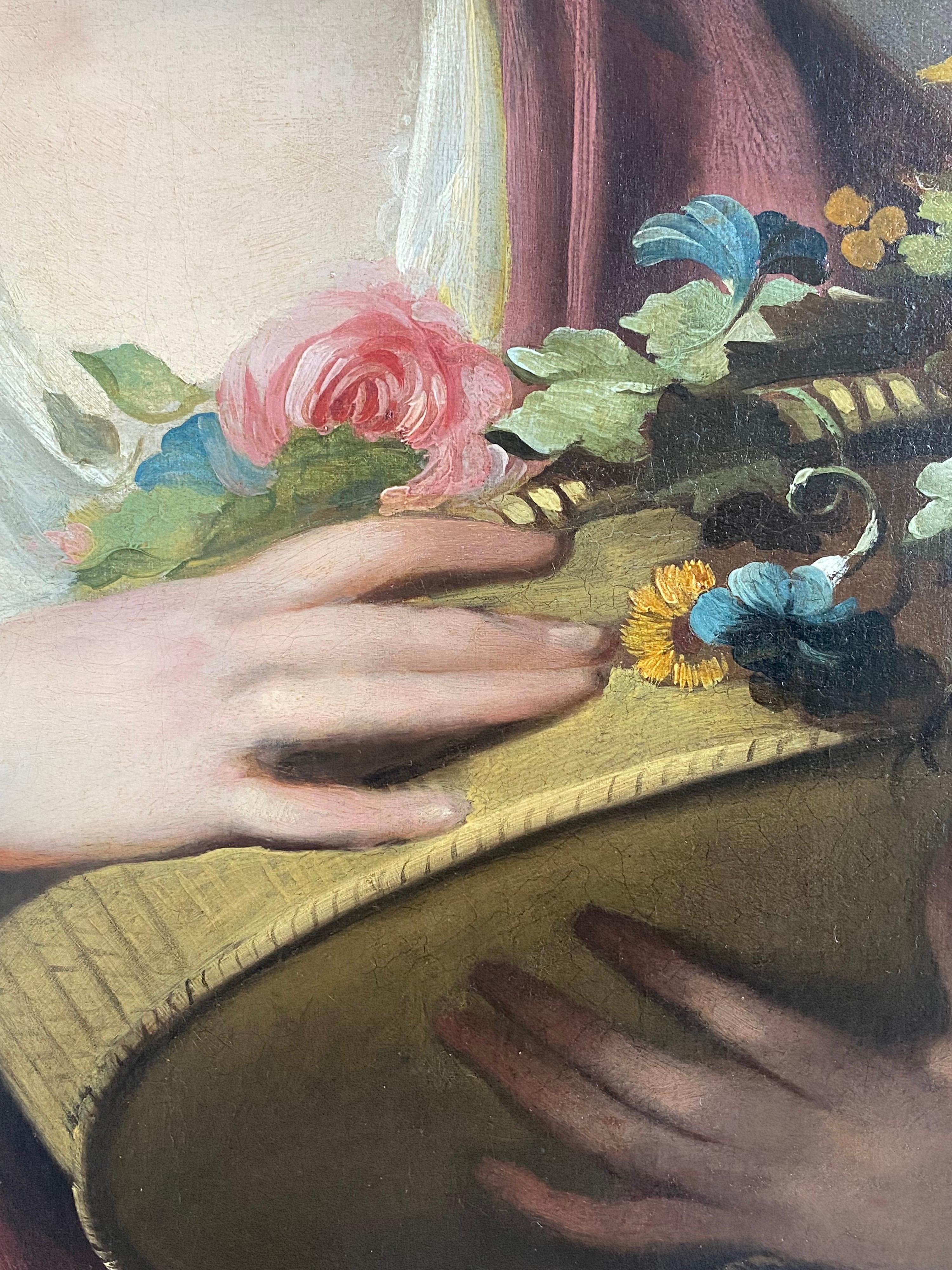 Portrait d'une dame portant une robe blanche avec un manteau rouge, des perles dans les cheveux et drapée sur un tavaillon, debout à côté d'une urne classique avec un panier de fleurs, vers 1765.
On pense qu'il s'agit d'un portrait d'accompagnement
