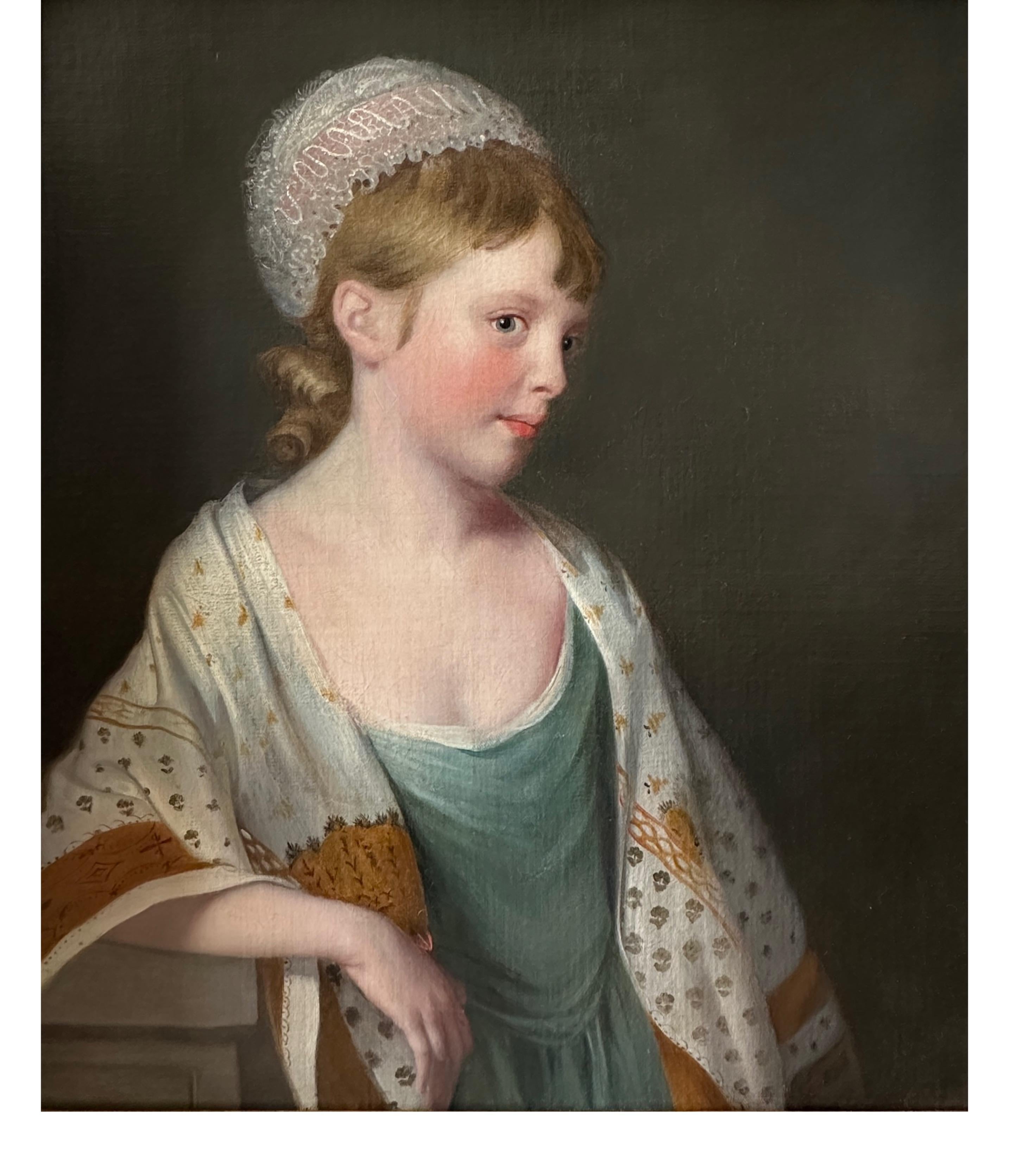 18th century portrait of a young girl in a bonnet and patterned shawl - Painting by Tilly Kettle