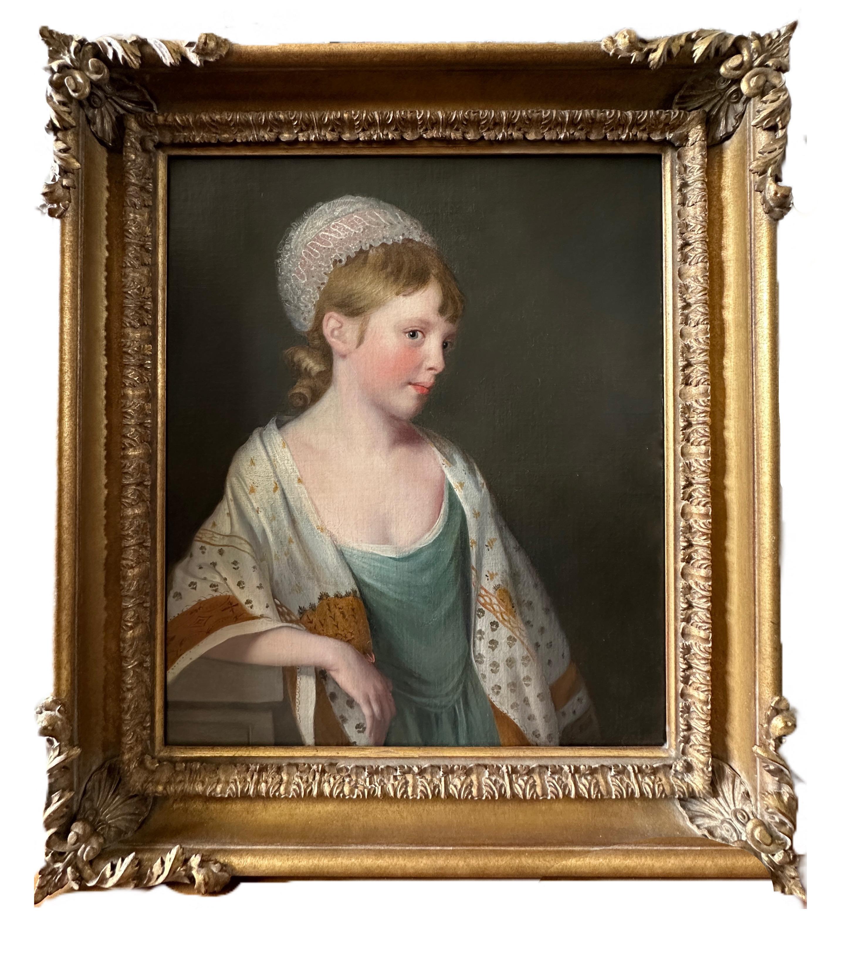 Tilly Kettle Portrait Painting - 18th century portrait of a young girl in a bonnet and patterned shawl