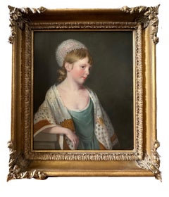 18th century portrait of a young girl in a bonnet and patterned shawl