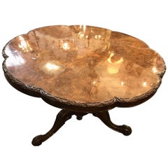 Antique Tilt-Top Victorian Rococo Revival Style Burl Walnut Dining Table