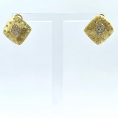 Bespoke Tilted Square Round Cut Diamond Earrings With Brushed Finish in 18K Gold