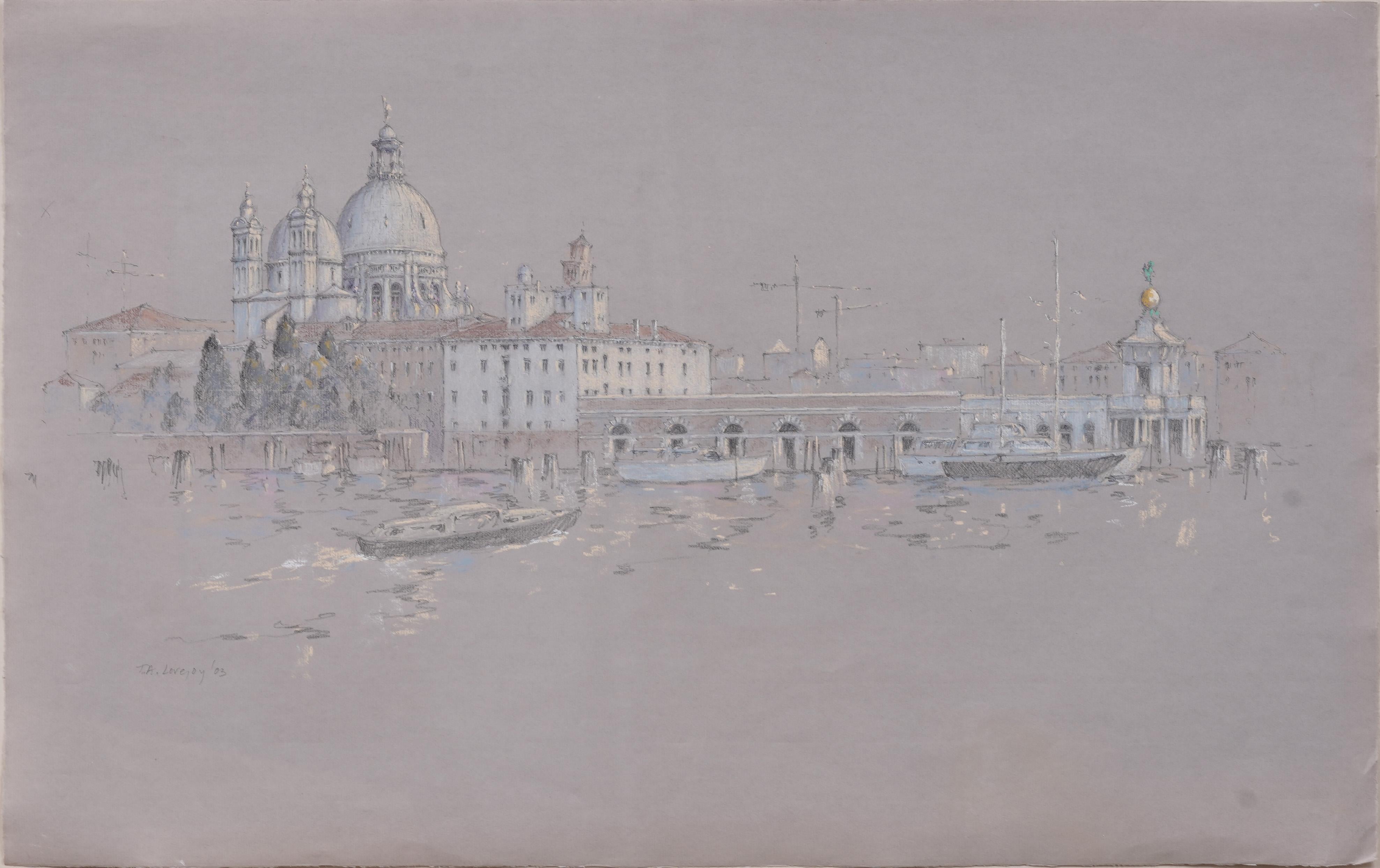 Sutil americano en Italia Vista de Venecia Firmado Enmarcado Pintura original de paisaje urbano - Painting Impresionista de Tim A Lovejoy 