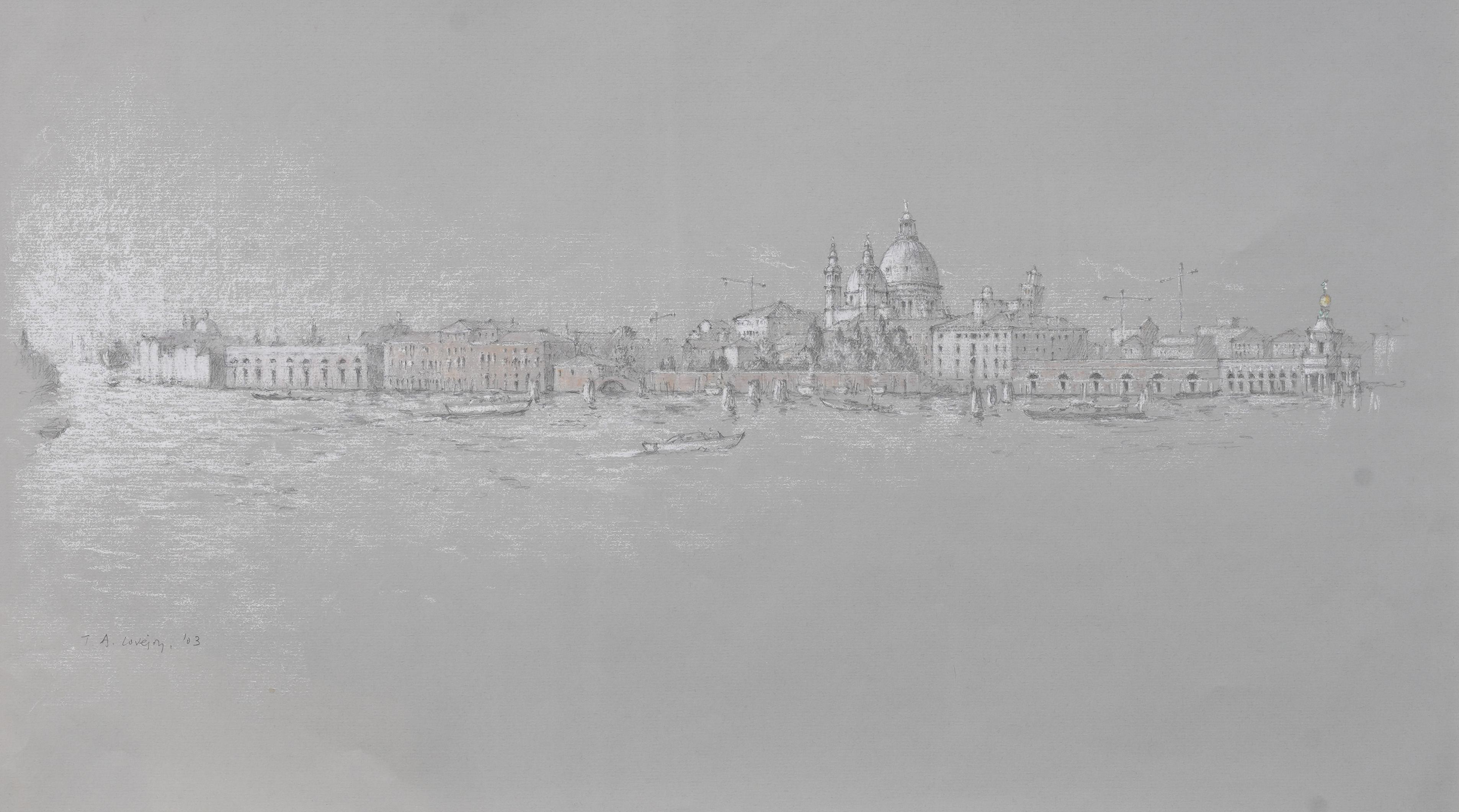 Subtle American in Italy Venice View Signiertes gerahmtes Original Stadtansichtsgemälde, Original (Grau), Landscape Painting, von Tim A Lovejoy 