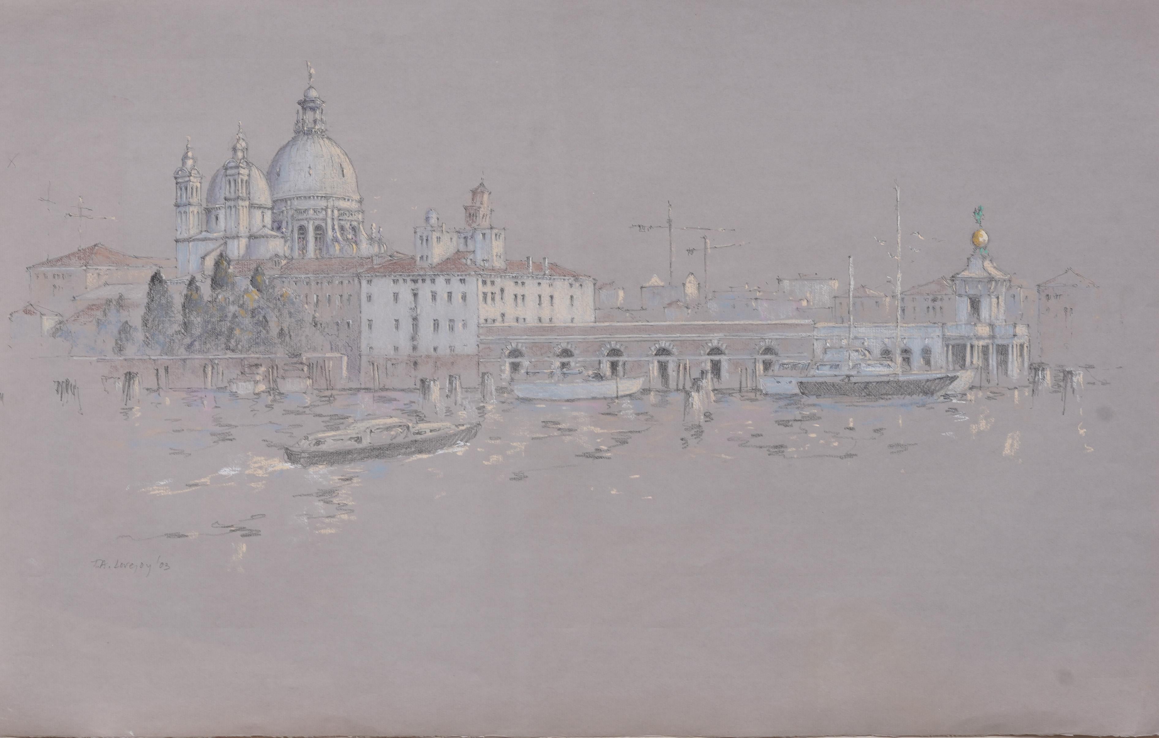 Sutil americano en Italia Vista de Venecia Firmado Enmarcado Pintura original de paisaje urbano - Abstract Painting Gris de Tim A Lovejoy 