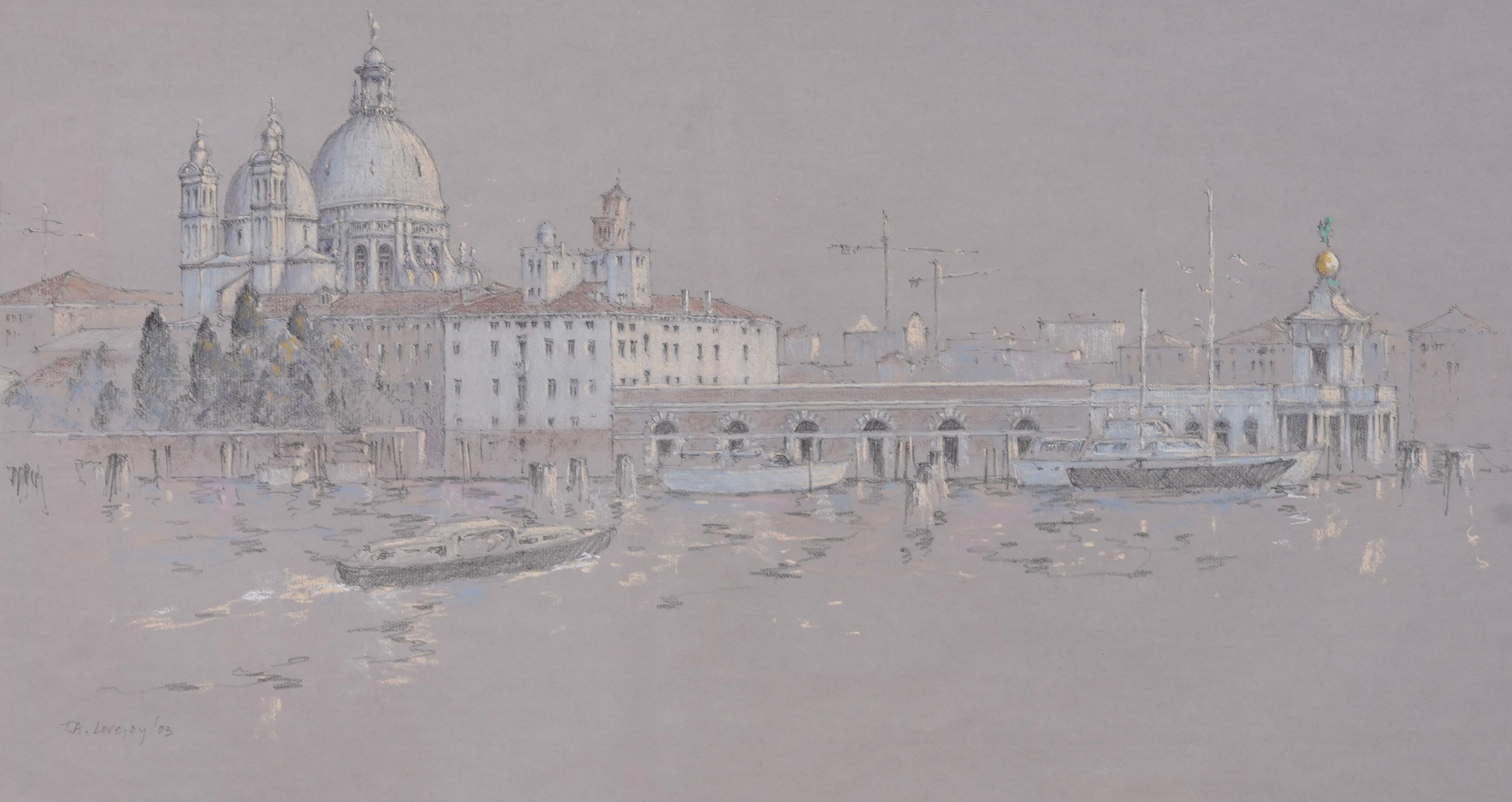 Vista de Venecia muy bien pintada por Tim A Lovejoy (Nacido en 1943).  Acuarela y gouache sobre papel.  Firmado.  Enmarcado.  Tamaño de la imagen, 16H x 25L.