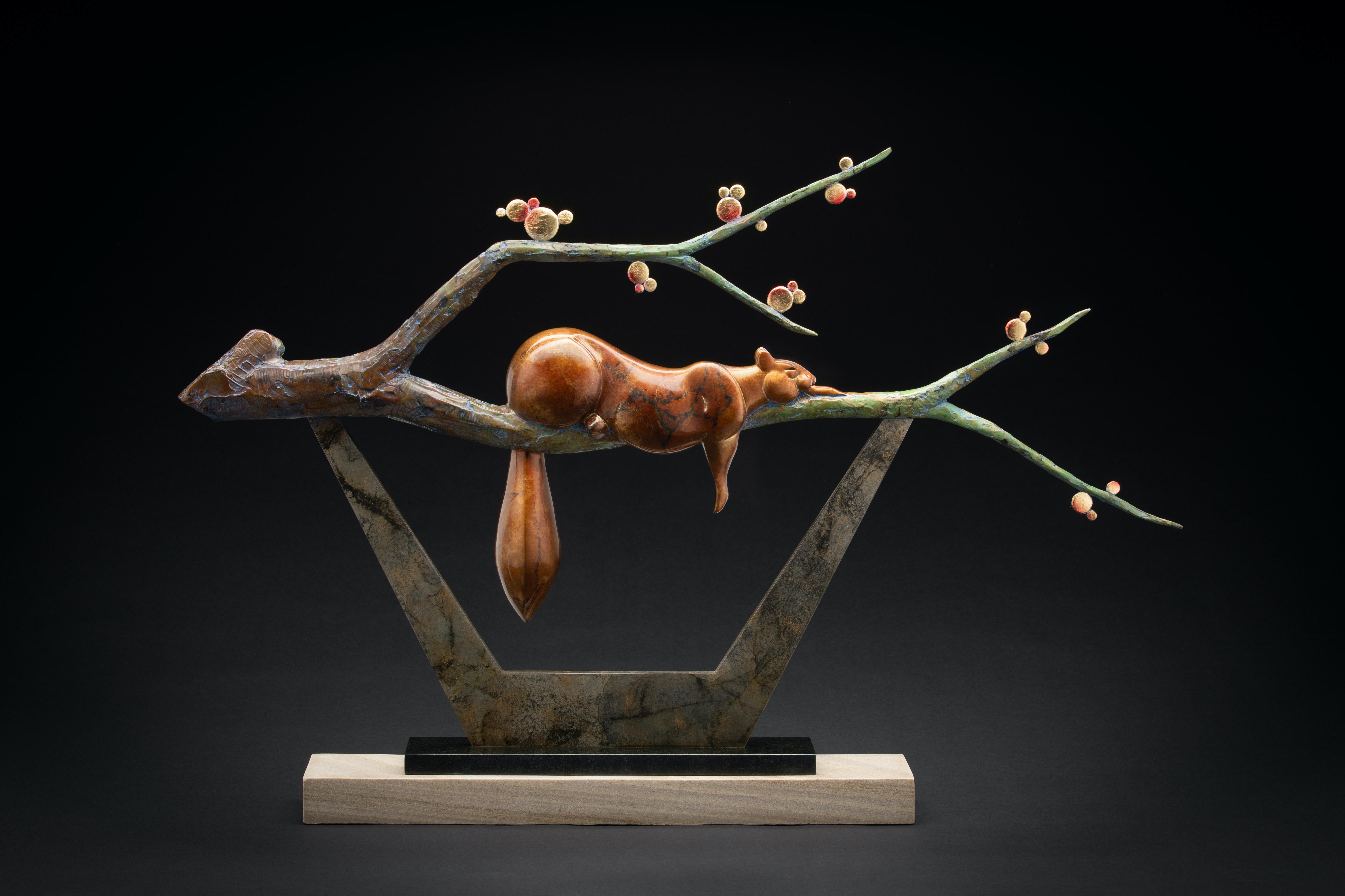 "Shade Tree" By Tim Cherry is an original, handmade bronze sculpture that depicts a squirrel resting on a tree branch, with its tail and one of its legs dangling off the side.