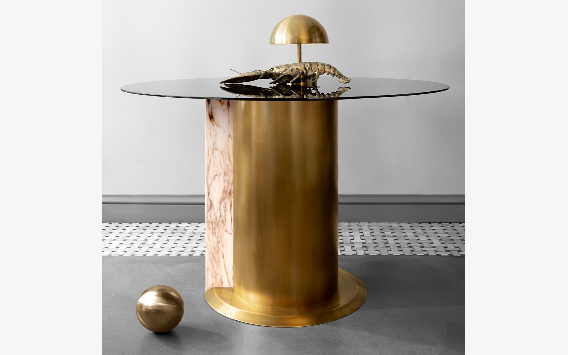 Modern Tim Circular Brass Plated Metal & Marble Dining Table For Sale