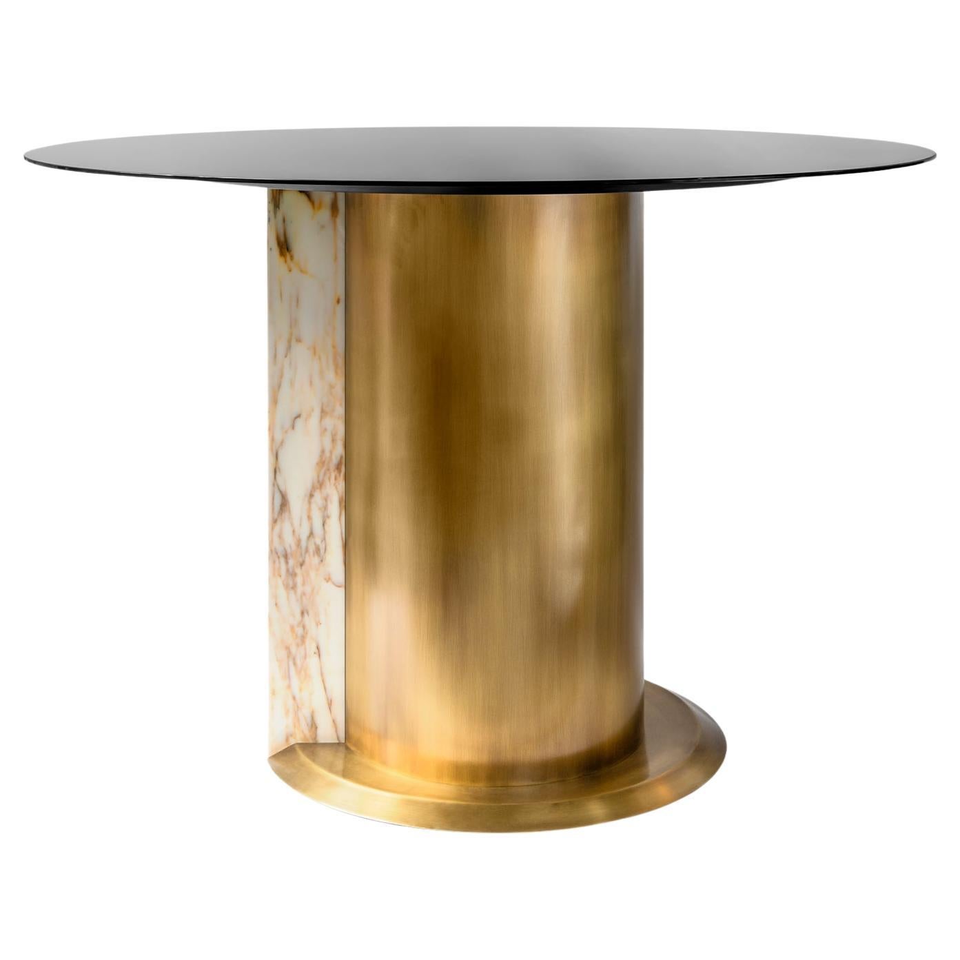 Table de salle à manger circulaire Tim en métal plaqué laiton et marbre