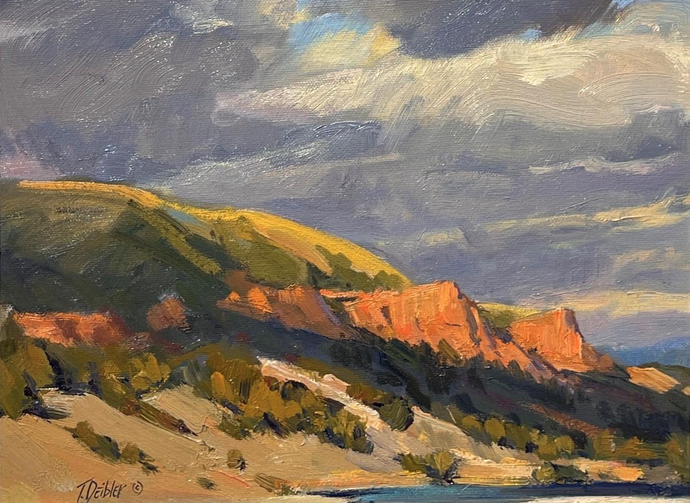 "Red Cliffs" von Tim Deibler (USA) ist ein Original-Ölgemälde, das eine Landschaft in Colorado mit sonnenbeschienenen Klippen zeigt. 

Tim Deibler hat eine lebenslange Leidenschaft für die Kunst. Schon in seiner frühesten Kindheit versuchte er, die