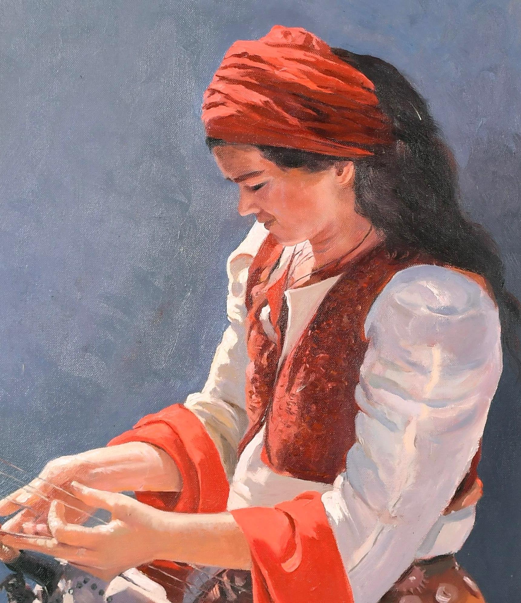 La donna musicista - Quadro ritratto olio su tela inglese del XX secolo - Painting di Tim Dolby