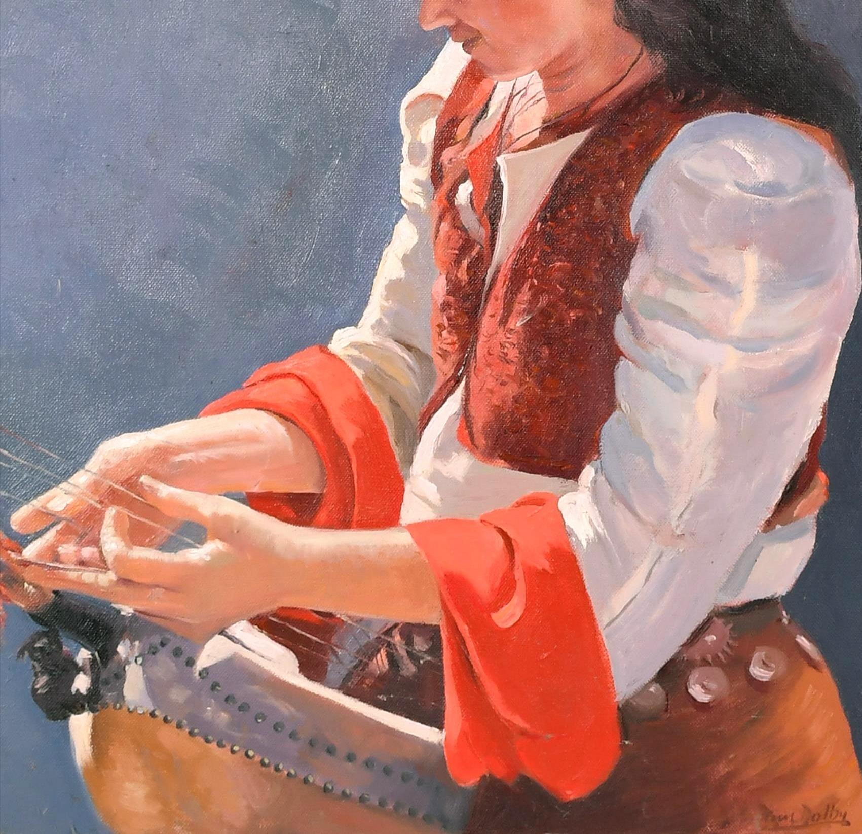 La donna musicista - Quadro ritratto olio su tela inglese del XX secolo - Portrait Painting Grigio di Tim Dolby