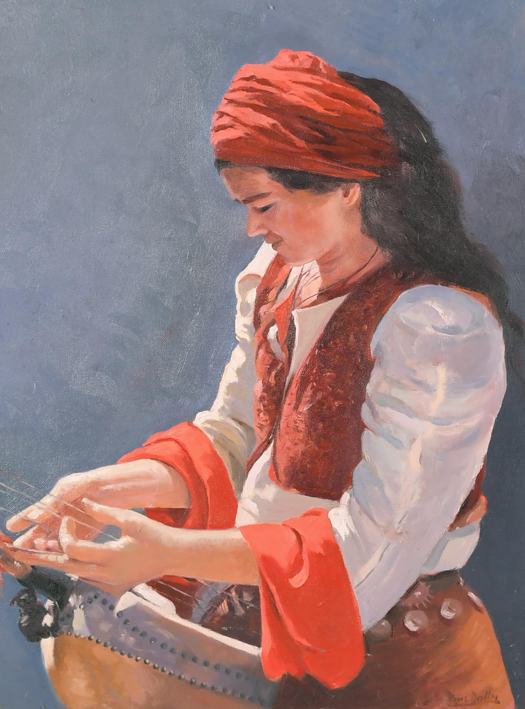 This beautiful large 20th century oil on canvas by Tim Dolby depicts a young lady in Southeastern European dress playing a lute. A striking and superbly executed portrait, presented in a fine painted wood frame.

Artist: Tim Dolby (English,