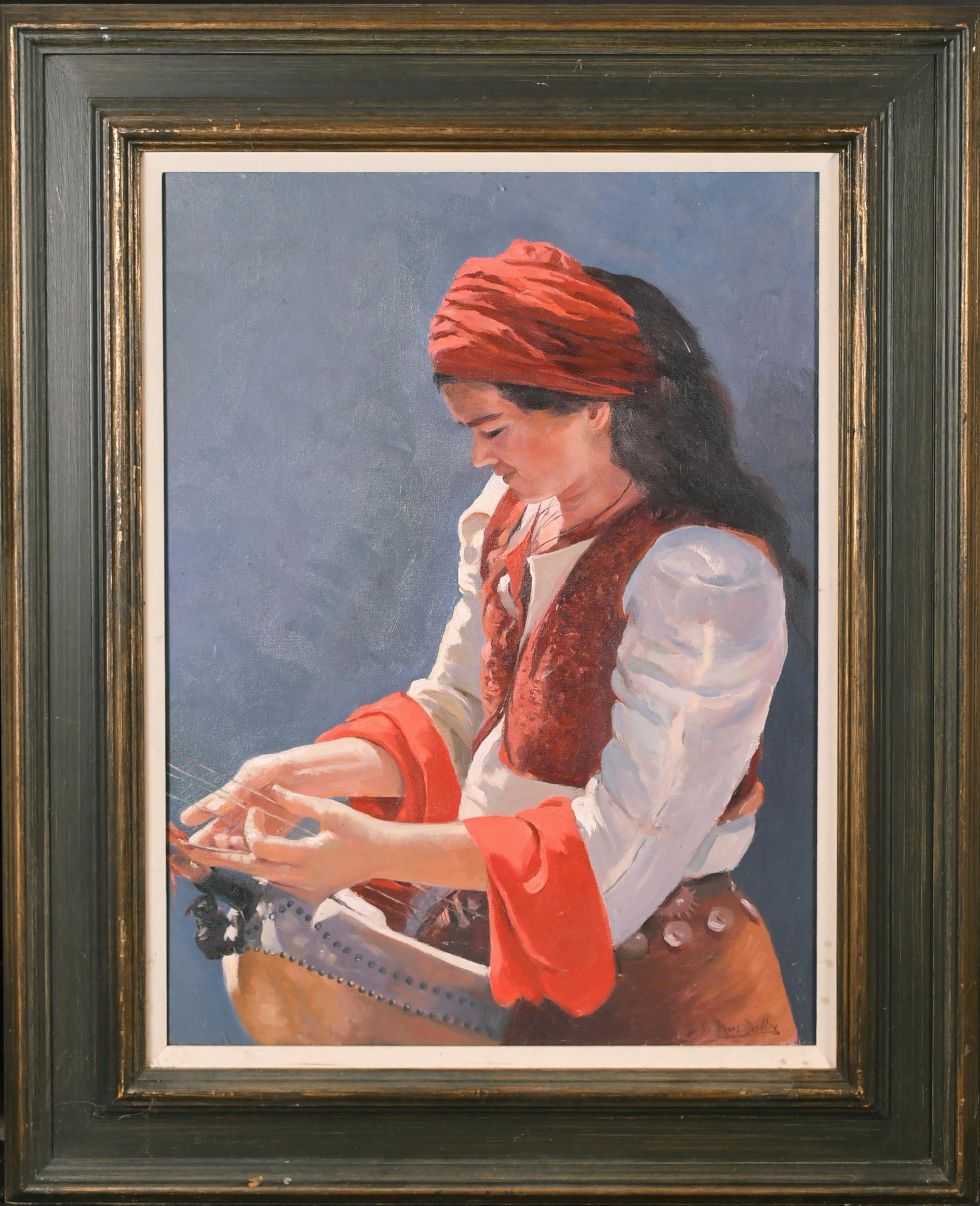 Tim Dolby Portrait Painting – The Lute Player - Großes Musikporträt, Ölgemälde, Leinwand, 20. Jahrhundert, Öl