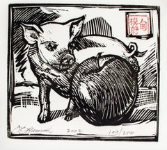 Vintage  Adorable Tim Engelland Farmhouse Pig Woodcut