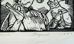 Cat and Chef Woodcut by Tim Engelland, Deerfield Academy