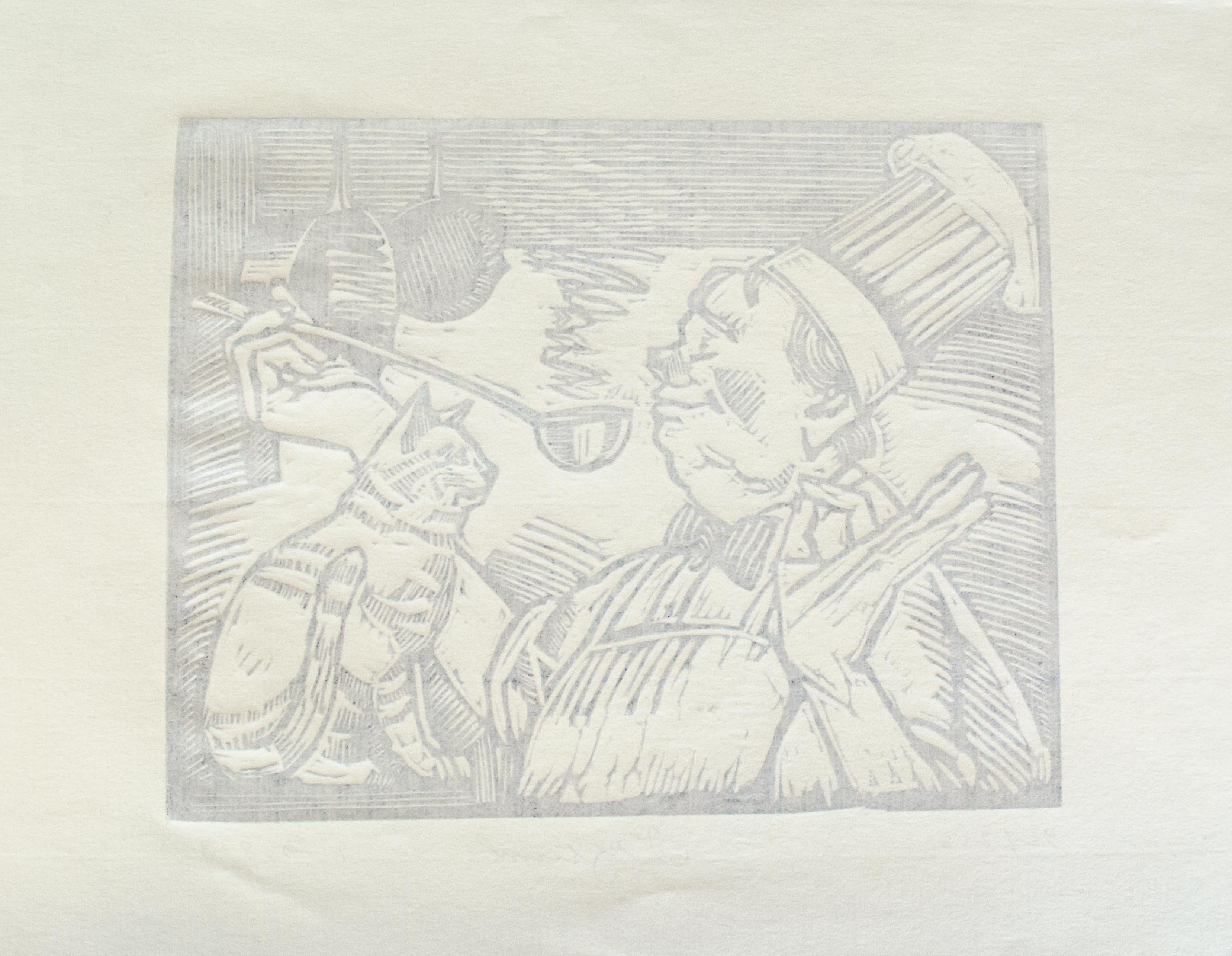 Cat and Chef Woodcut by Tim Engelland, Deerfield Academy For Sale 2