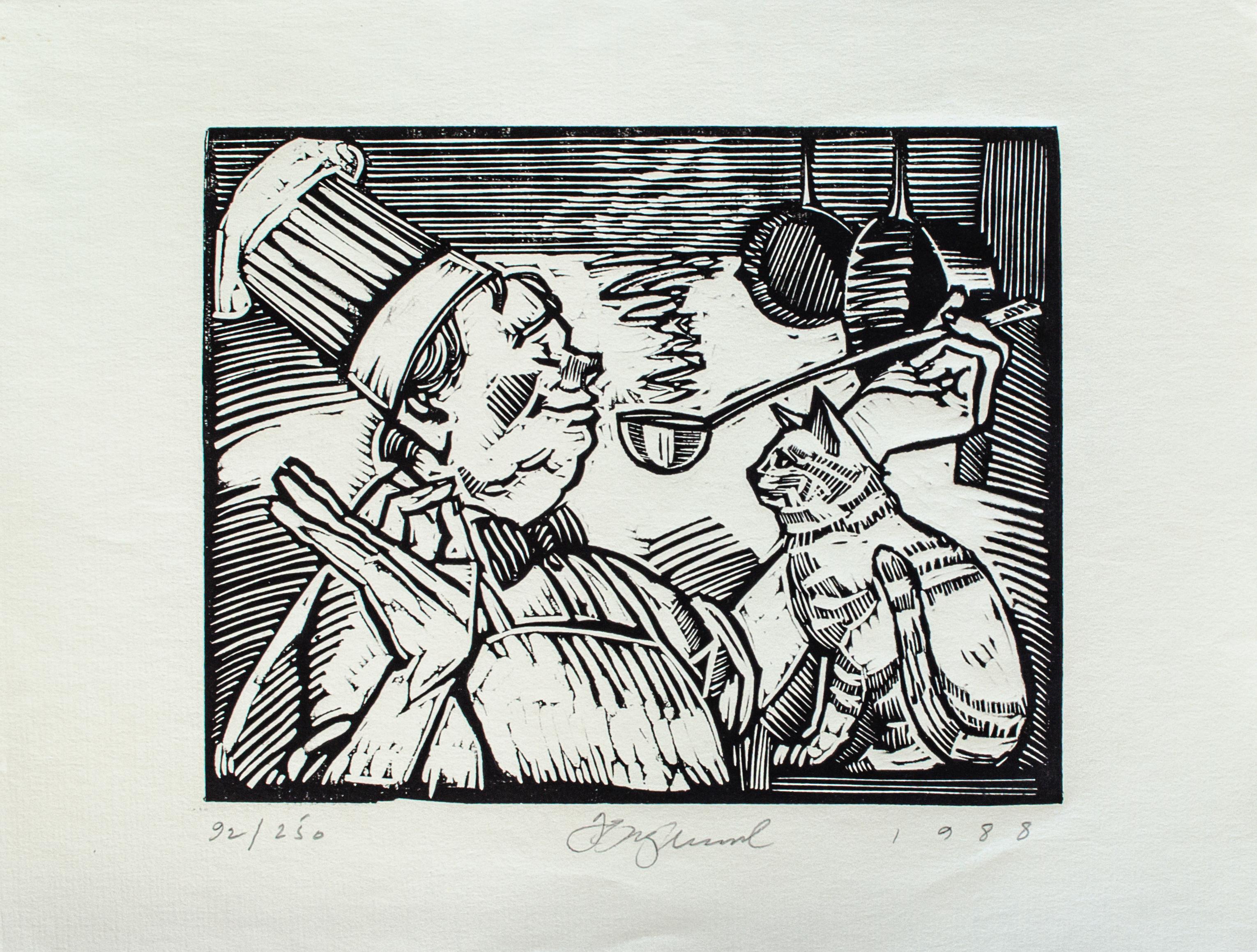 Gato y Chef xilografía de Tim Engelland, Academia Deerfield