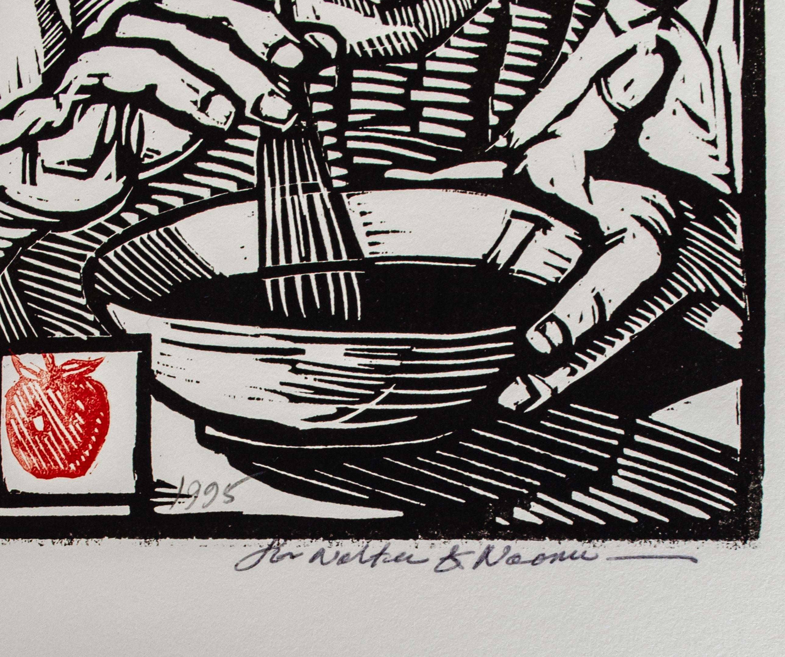 Tim Engelland (American, 1950-2012)
Untitled (Chefs in the Kitchen), 1995
Woodcut 
9 1/2 x 5 7/8 in.
Inscribed and dated bottom right: For Walter & Naomi, 1995
Signed and numbered top right: T. Engelland, 114/130

A lifelong artist, Engelland