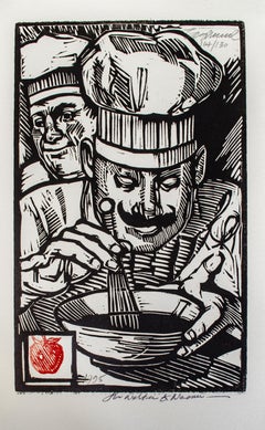 Retro Chefs in the Kitchen Woodcut by Tim Engelland