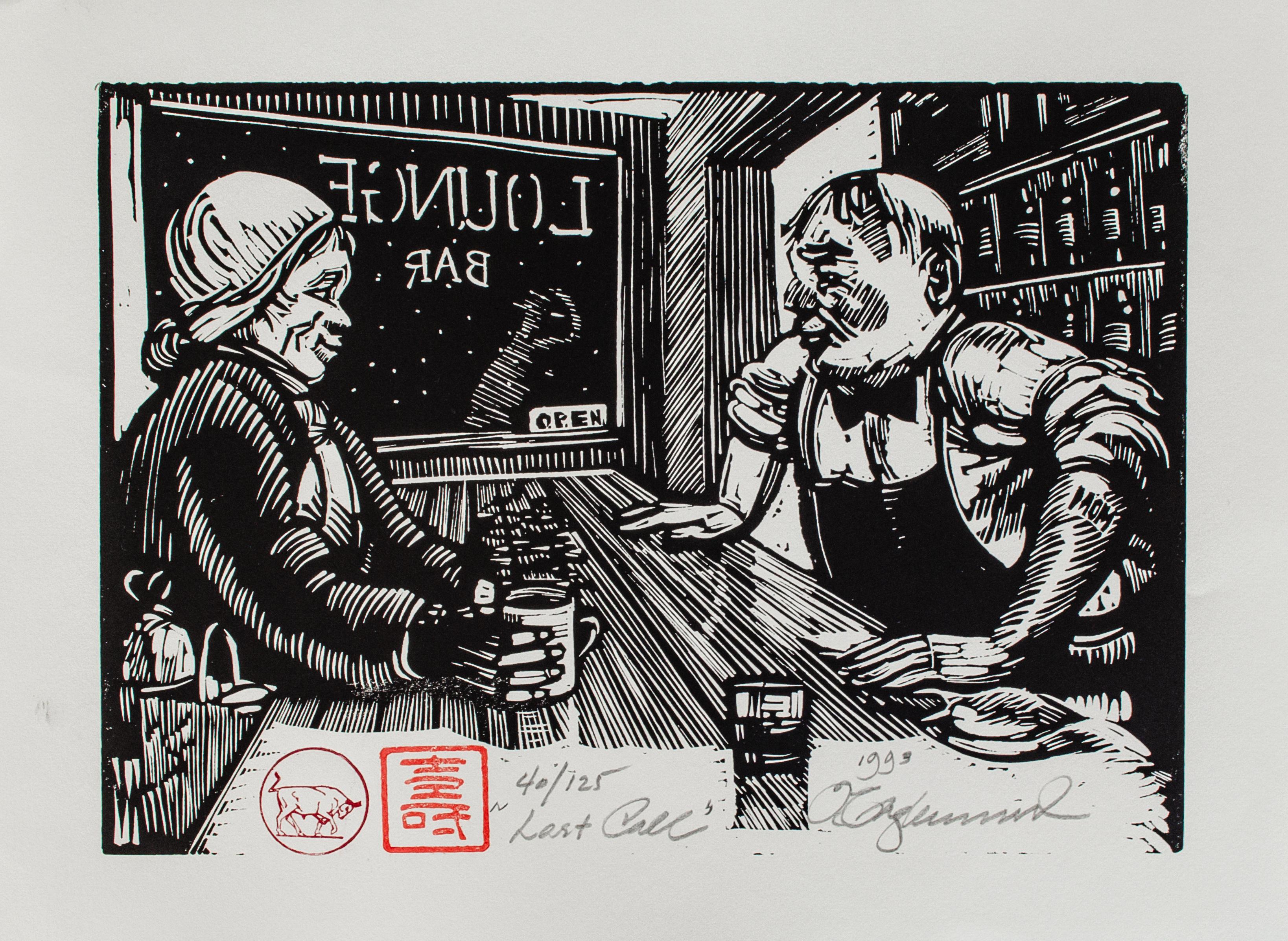 Tim Engelland (American, 1950-2012)
Last Call, 1993
Woodcut 
9 x 12 in.
Signed dated lower right: 1993 T. Engelland
Titled and numbered bottom: Last Call, 40/125

A lifelong artist, Engelland specialized in oil portraits and landscapes, and also