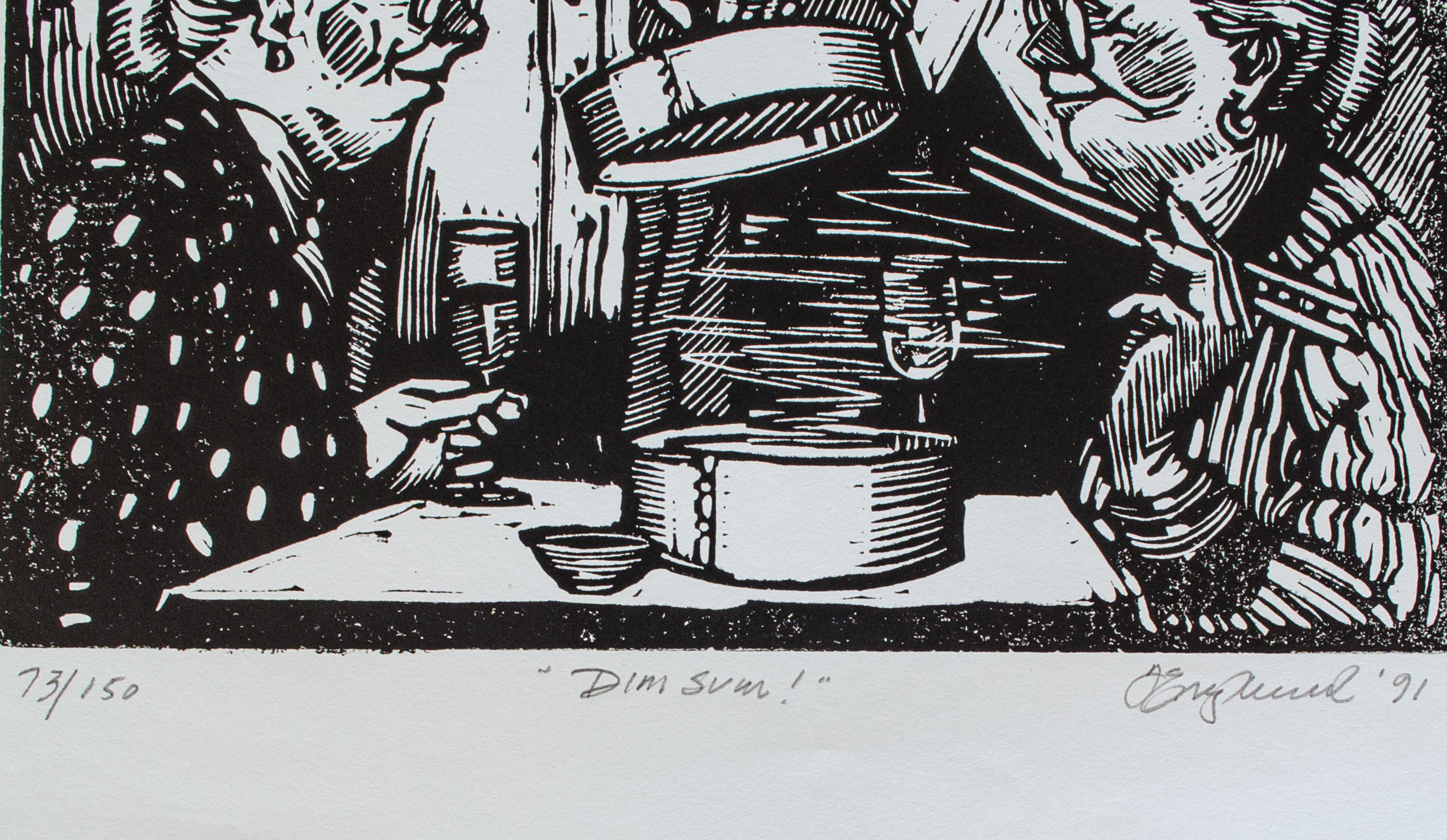 Tim Engelland (American, 1950-2012)
Dim Sum!, 1991
Woodcut 
8 1/2 x 11 in.
Signed dated lower right: T. Engelland, '91
Titled lower middle: Dim Sum!
Numbered lower left: 73/150

A lifelong artist, Engelland specialized in oil portraits and