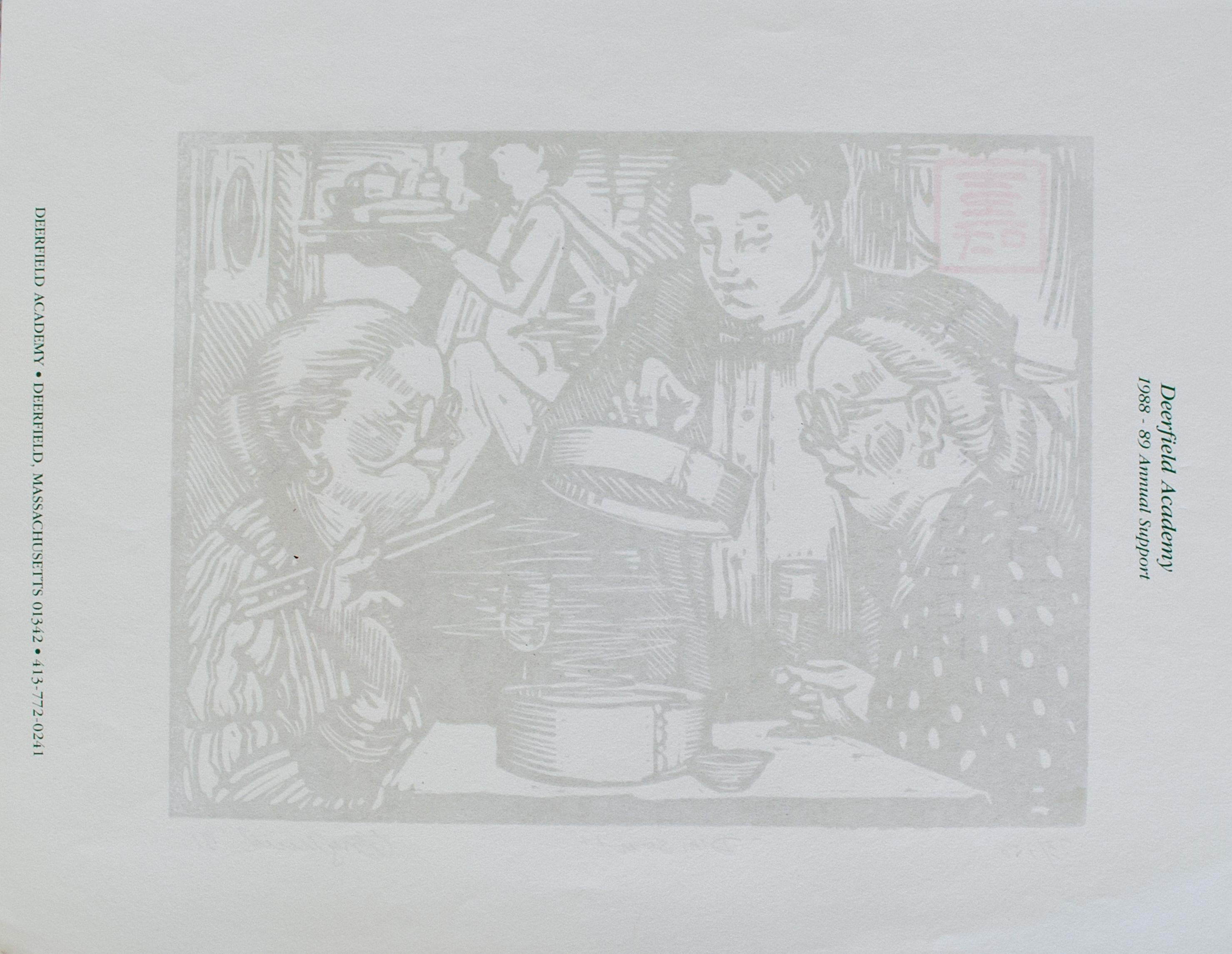 Tim Engelland (American, 1950-2012)
Dim Sum!, 1991
Woodcut 
8 1/2 x 11 in.
Signed dated lower right: T. Engelland, '91
Titled lower middle: Dim Sum!
Numbered lower left: 73/150

A lifelong artist, Engelland specialized in oil portraits and