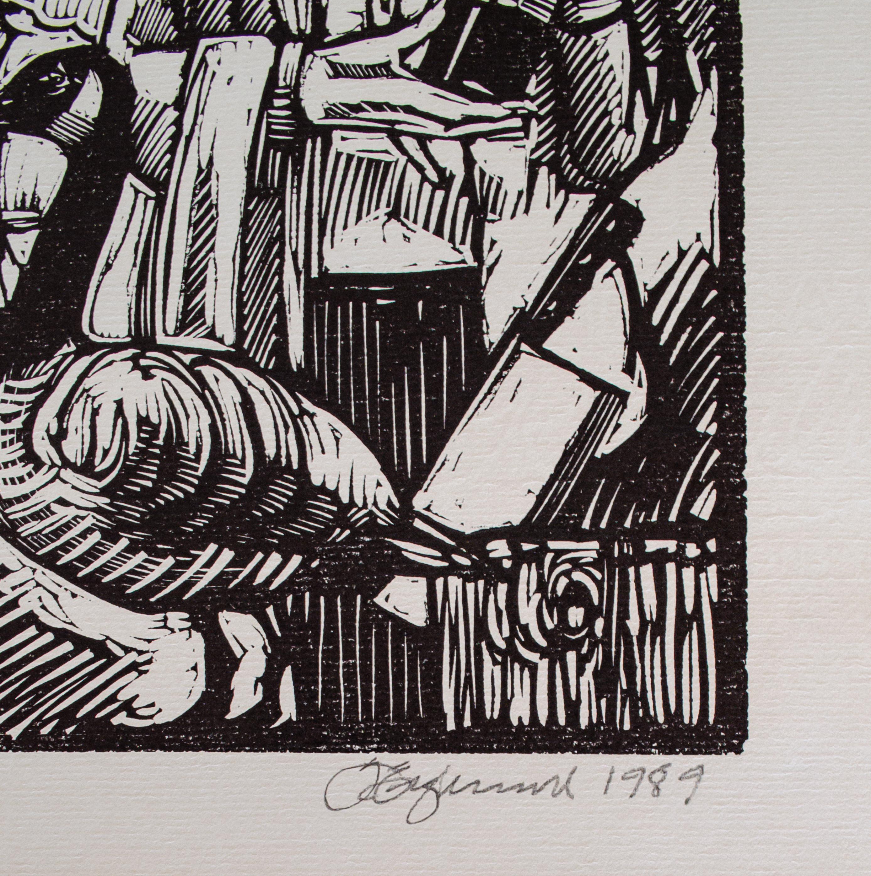Fun Tim Engelland Woodcut of a Server with a Goose For Sale 1