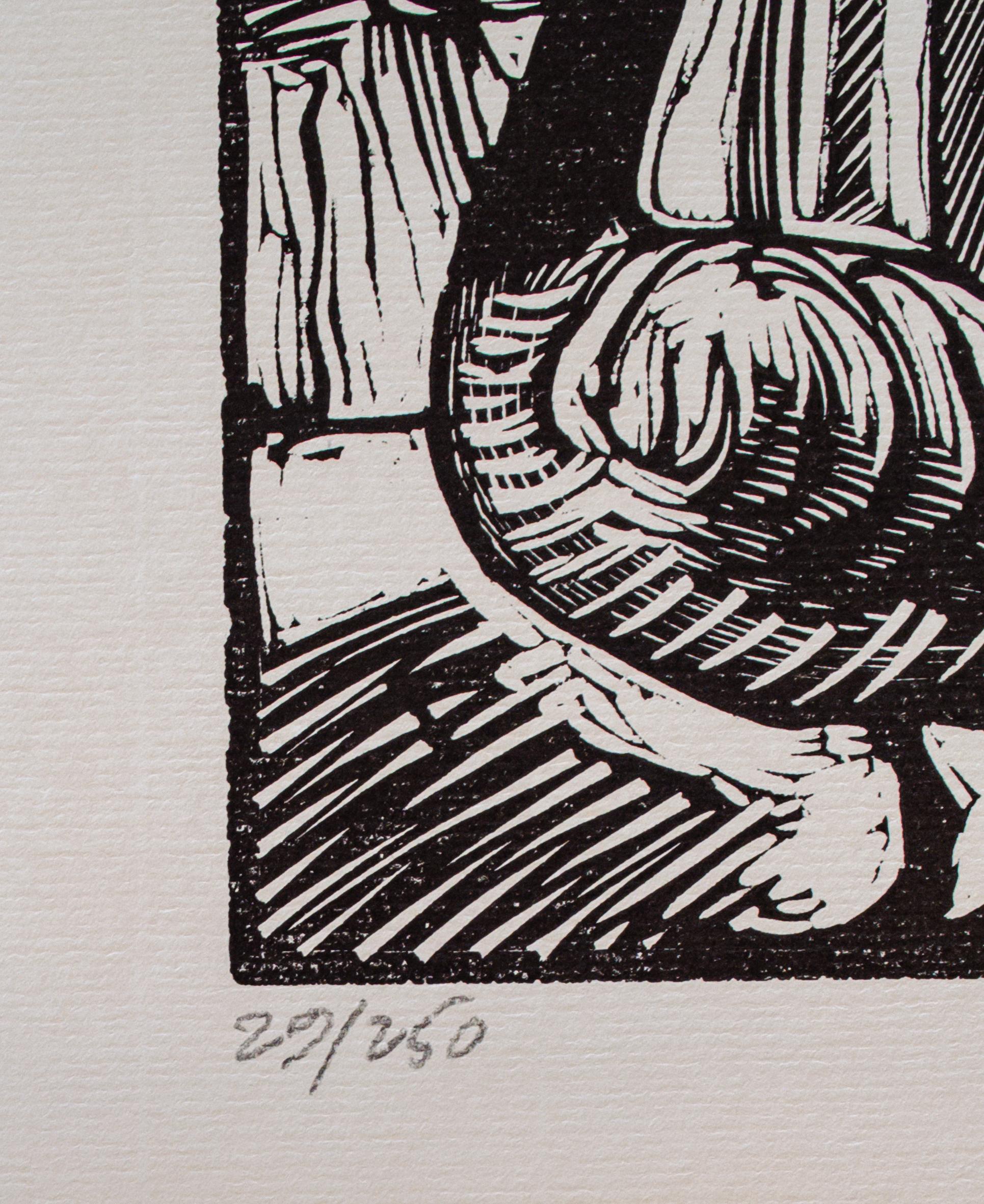 Fun Tim Engelland Woodcut of a Server with a Goose For Sale 2