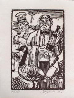 Fun Tim Engelland Woodcut of a Server with a Goose