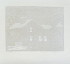 Quaint Snowy Cabin Woodcut by Tim Engelland